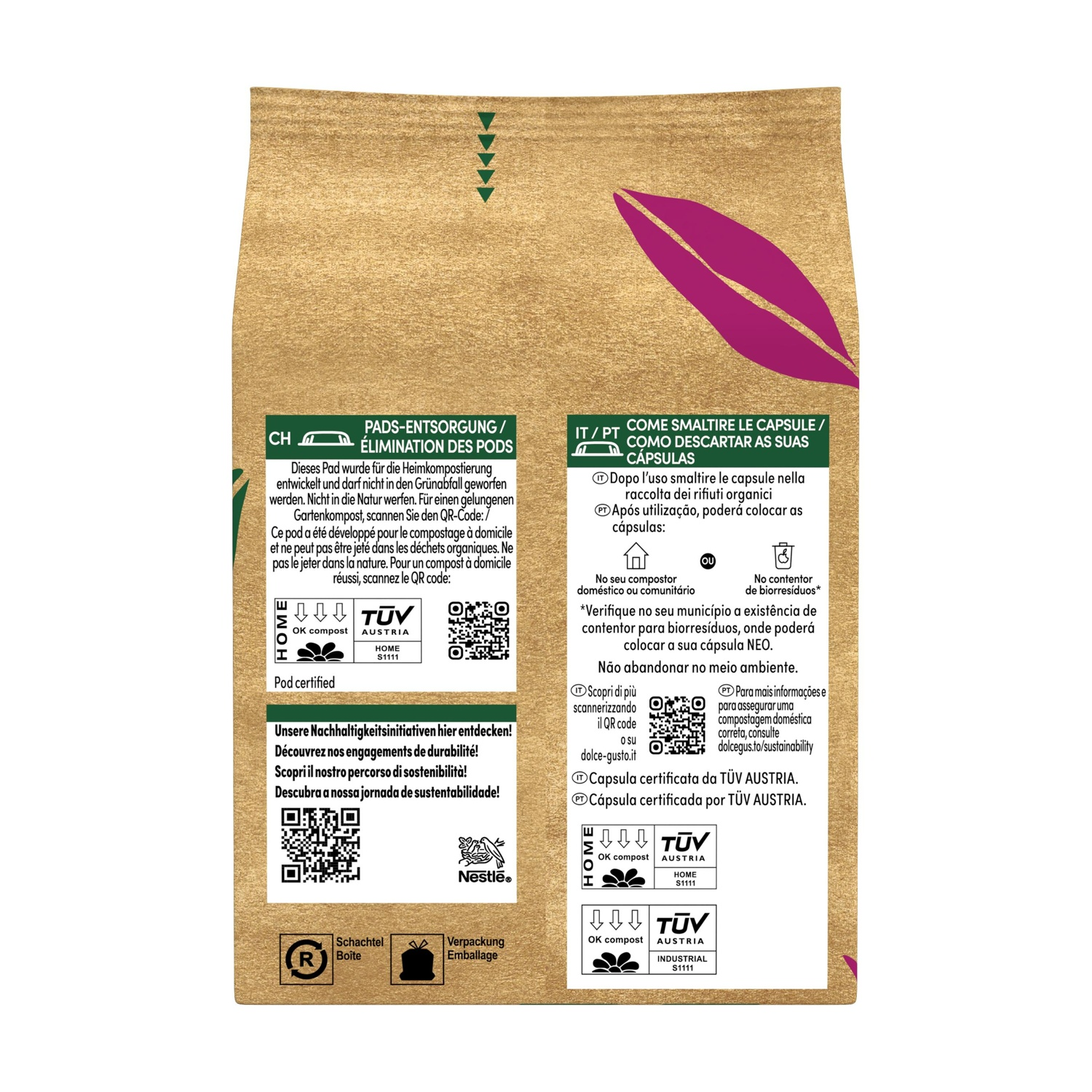 Retro di un sacchetto di carta marrone con testo, codici QR e istruzioni per lo smaltimento.