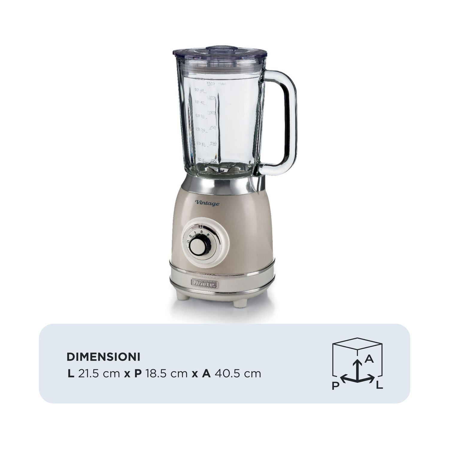 FRULLATORE ARIETE FRULLATORE VINTAGE, Potenza 1000 W, Caraffa da 1.5 l, 4 velocità, Vetro, 4 Lame in acciaio inox, BEIGE