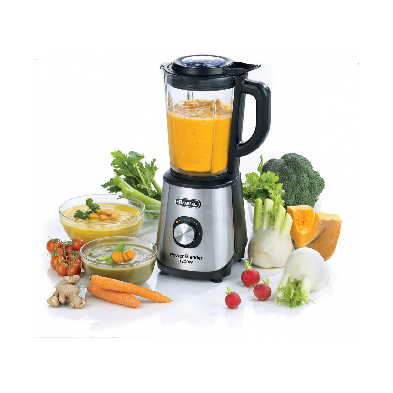 FRULLATORE ARIETE POWER BLENDER, Potenza 1200 W, Caraffa da 1.5 l, 2 velocità, Vetro, Acciao inox, NERO/METALLO