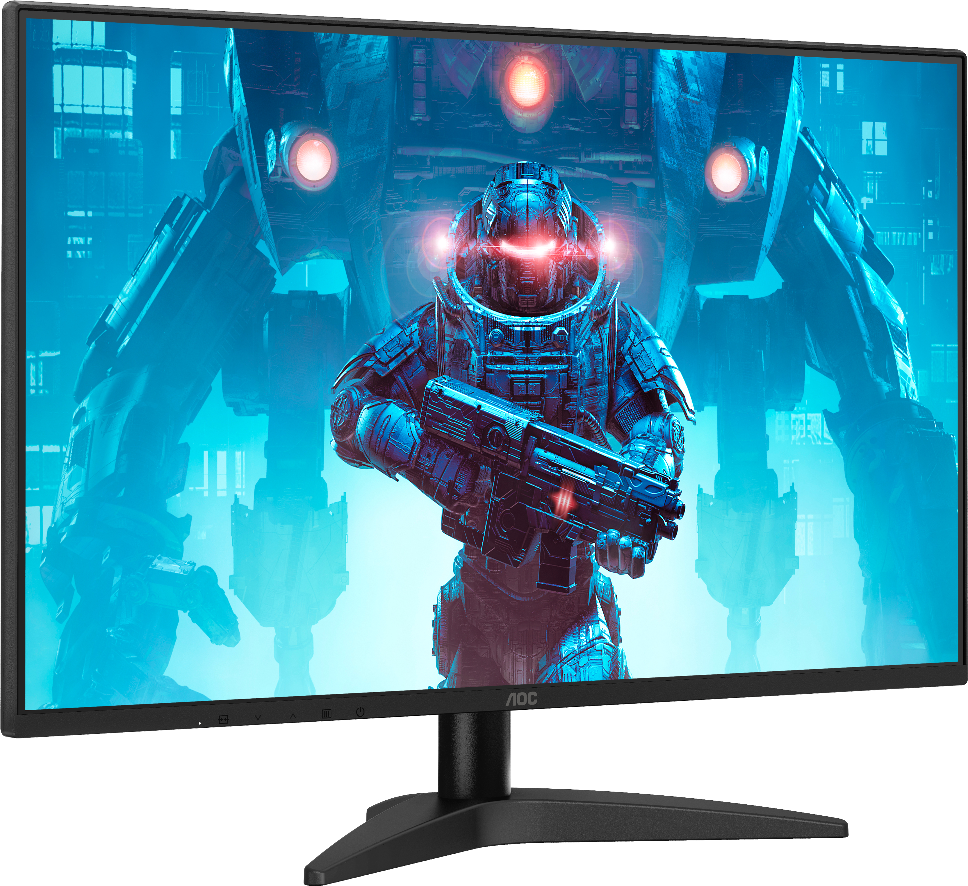 Ein schwarzer Computermonitor zeigt ein blaues Sci-Fi-Spiel mit einem Roboter und leuchtend roten Lichtern.