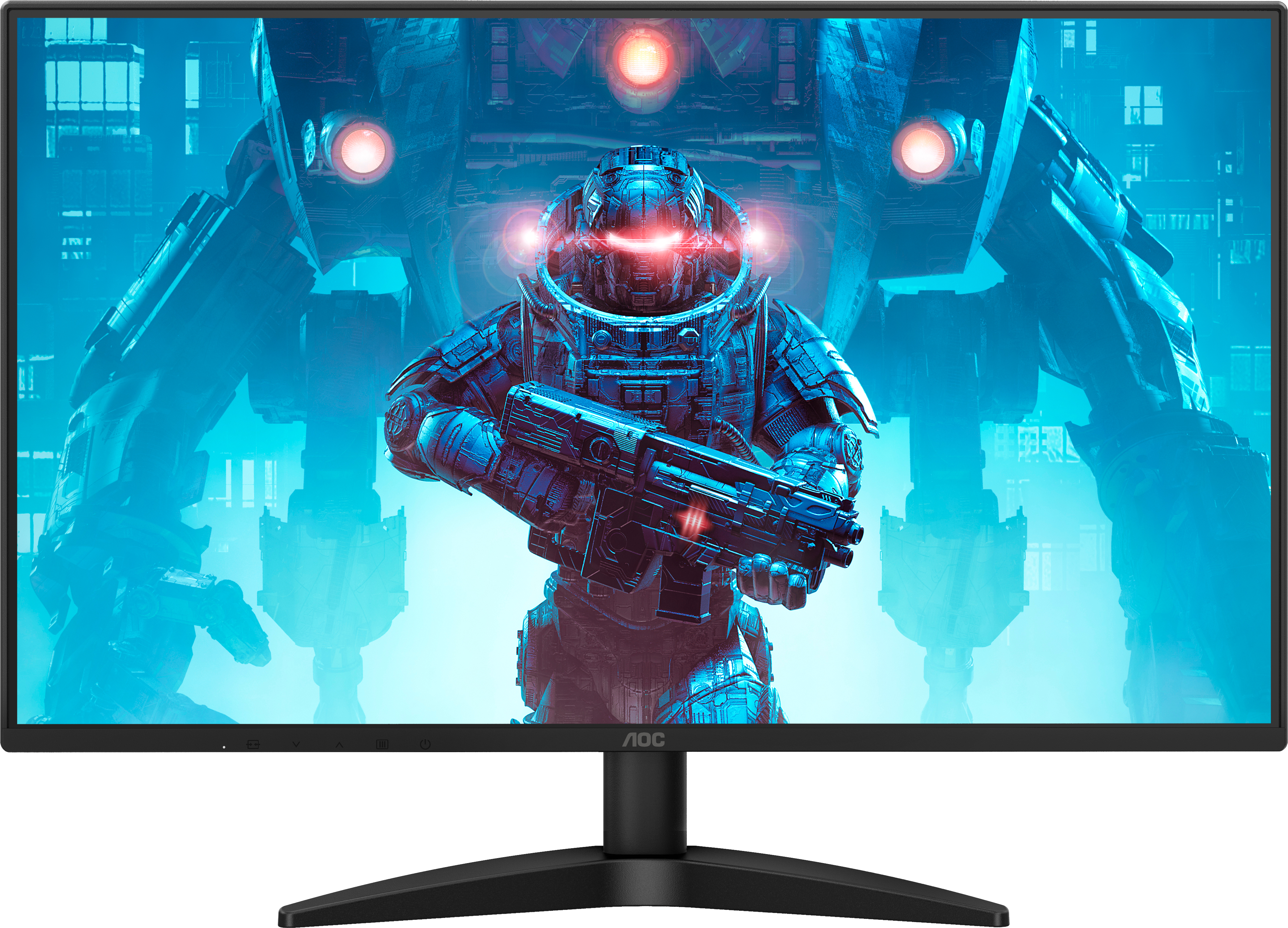 Ein schwarzer AOC-Monitor zeigt ein blaues Sci-Fi-Spielbild mit einem Soldaten und einem Mecha.