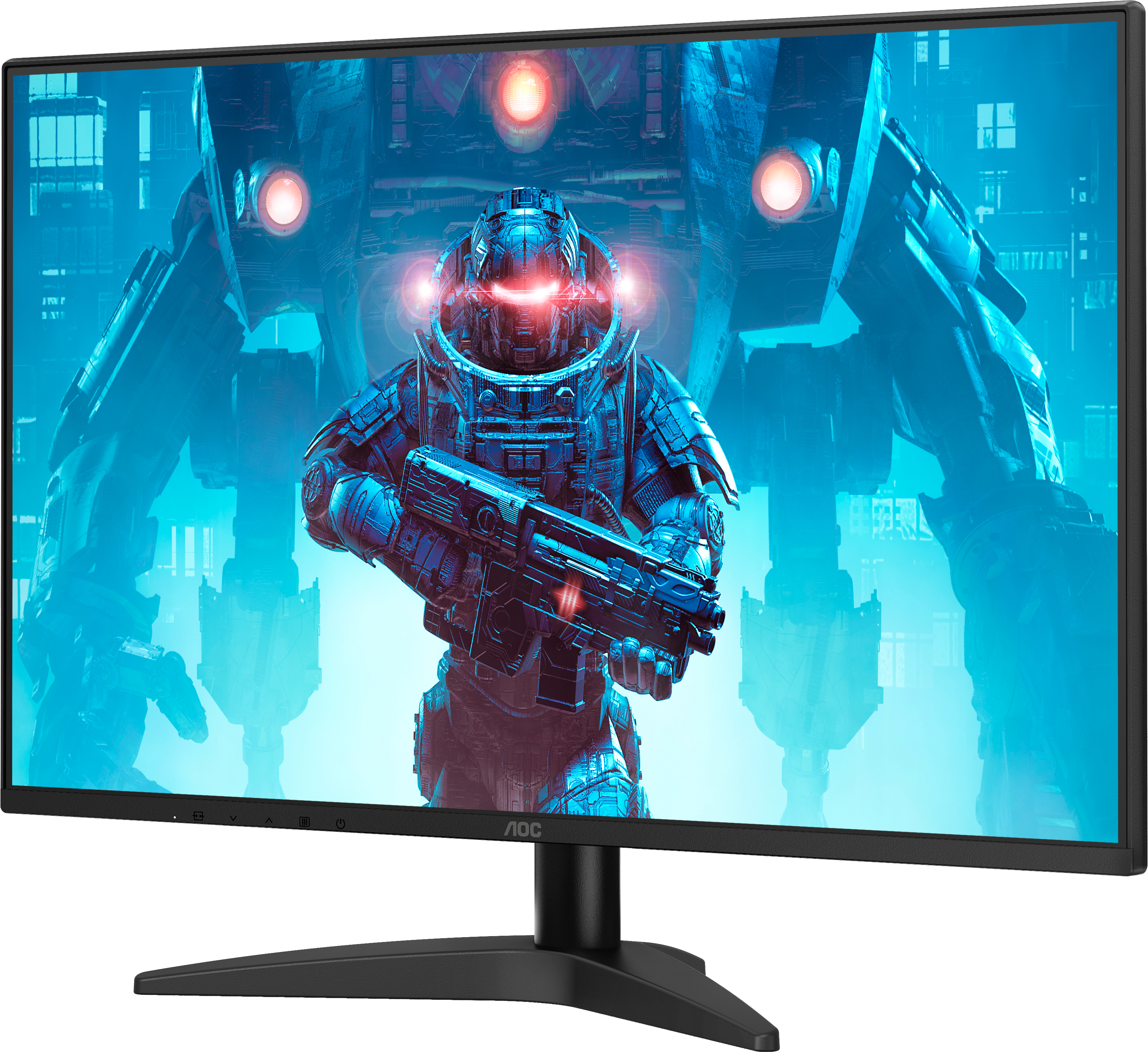 Ein schwarzer AOC-Monitor zeigt eine blaue Sci-Fi-Szene mit einem gepanzerten Soldaten und einer großen Maschine.