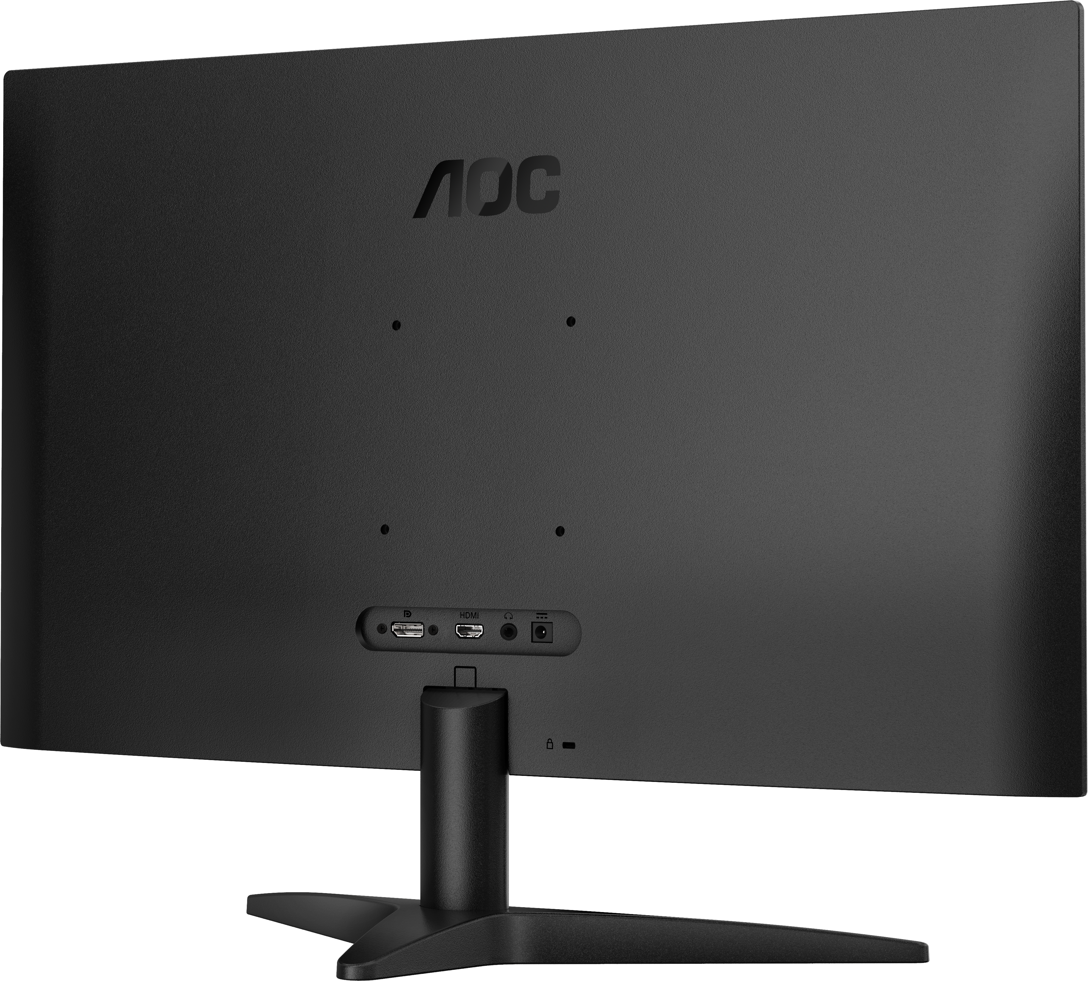 Rückansicht eines schwarzen AOC-Monitors mit Standfuß und sichtbaren Anschlüssen.
