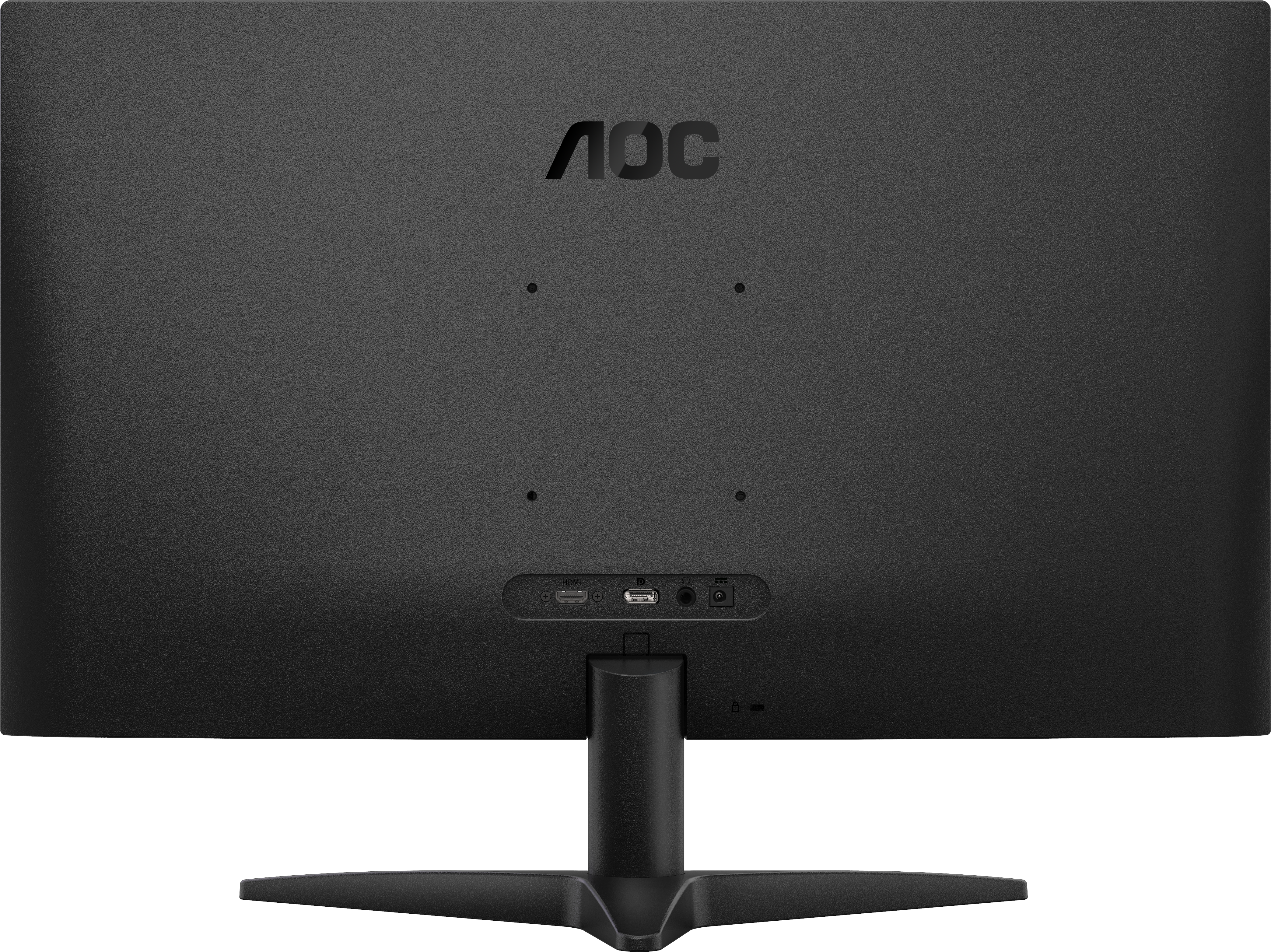 Die Rückseite eines schwarzen AOC-Monitors mit Standfuß und sichtbaren Anschlüssen.