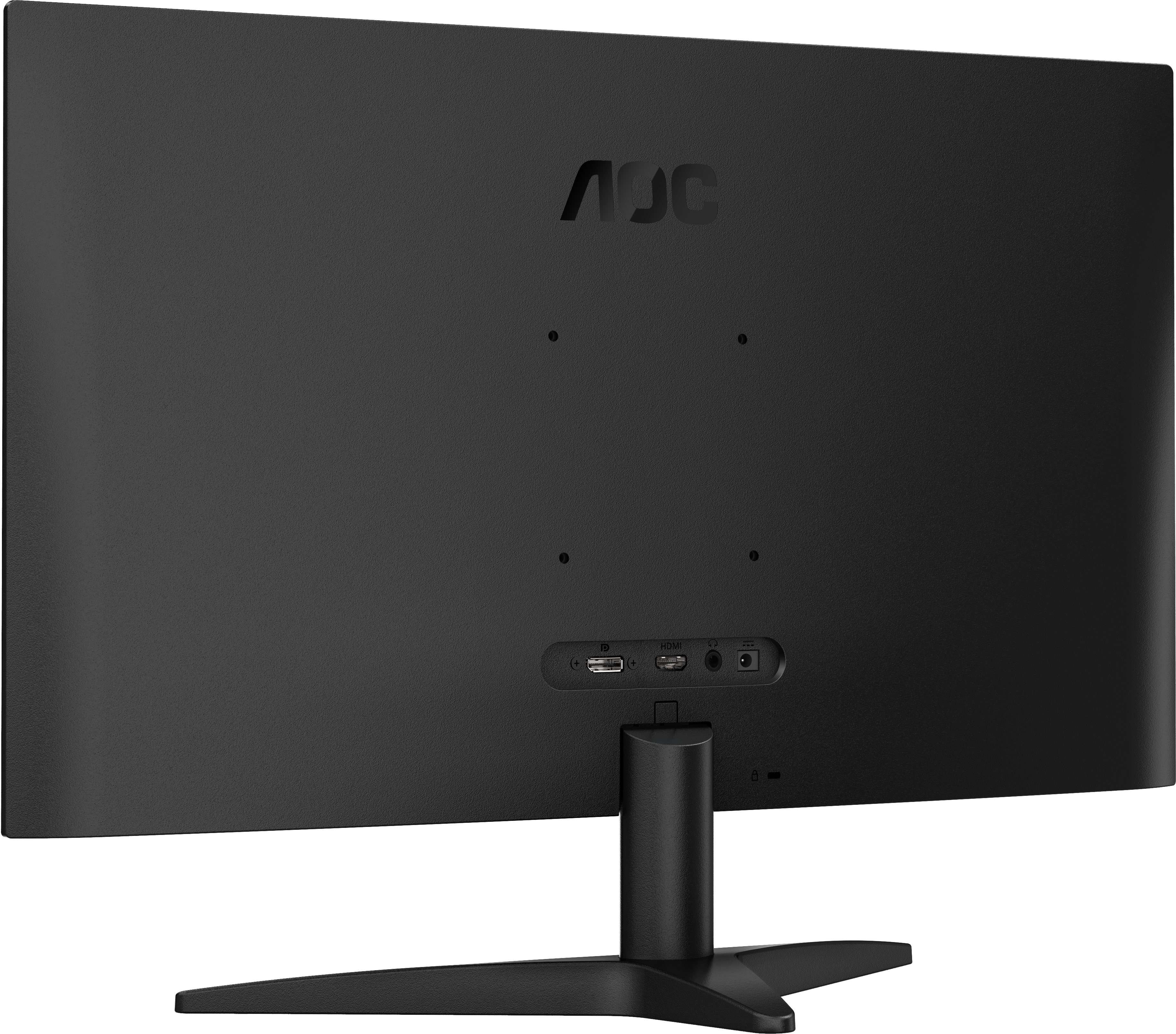 Rückseite eines schwarzen AOC-Monitors mit Standfuß und Anschlussports.