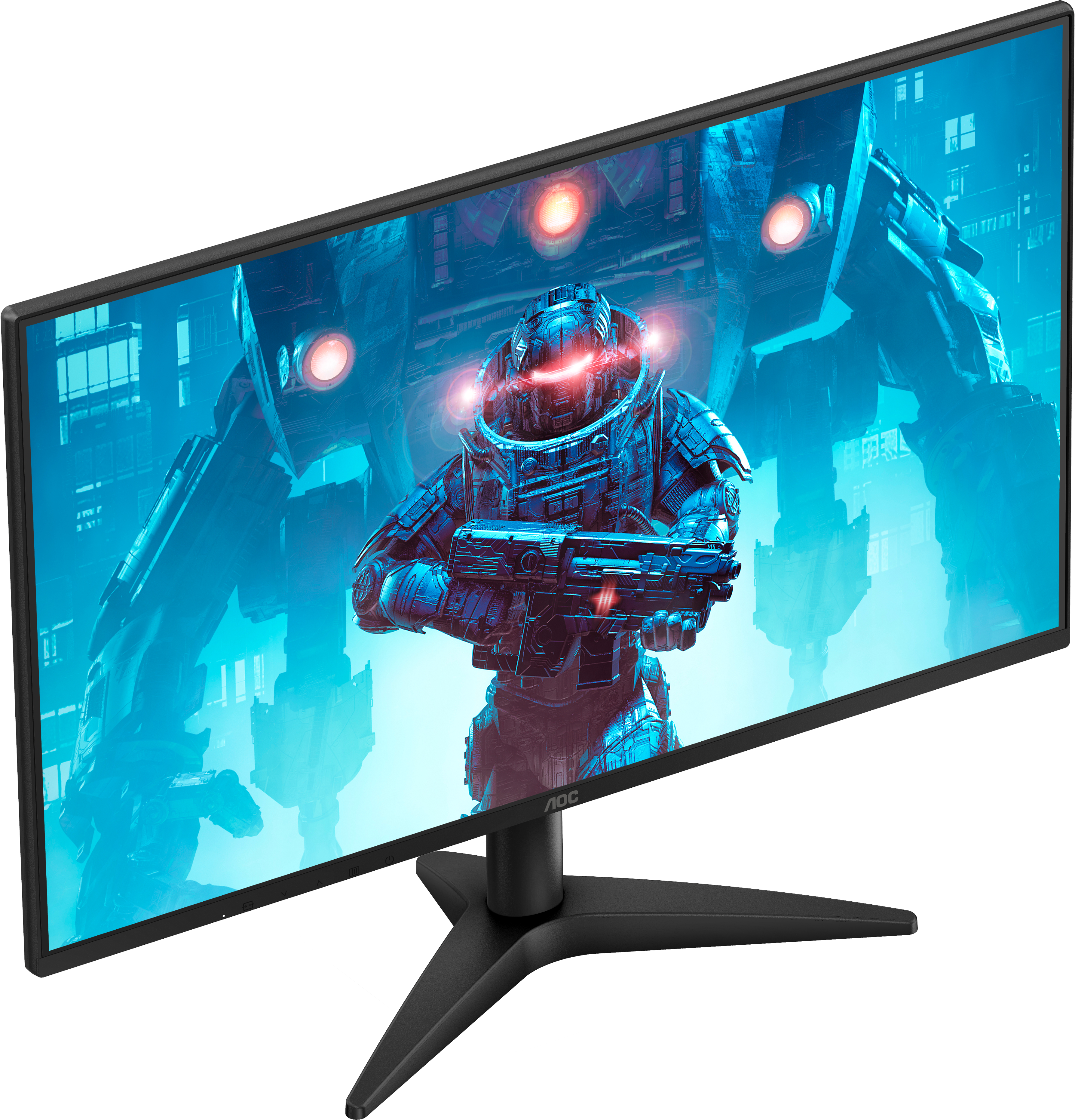 Ein schwarzer AOC-Monitor zeigt eine blaue Sci-Fi-Szene mit einem Roboter und leuchtenden Elementen.