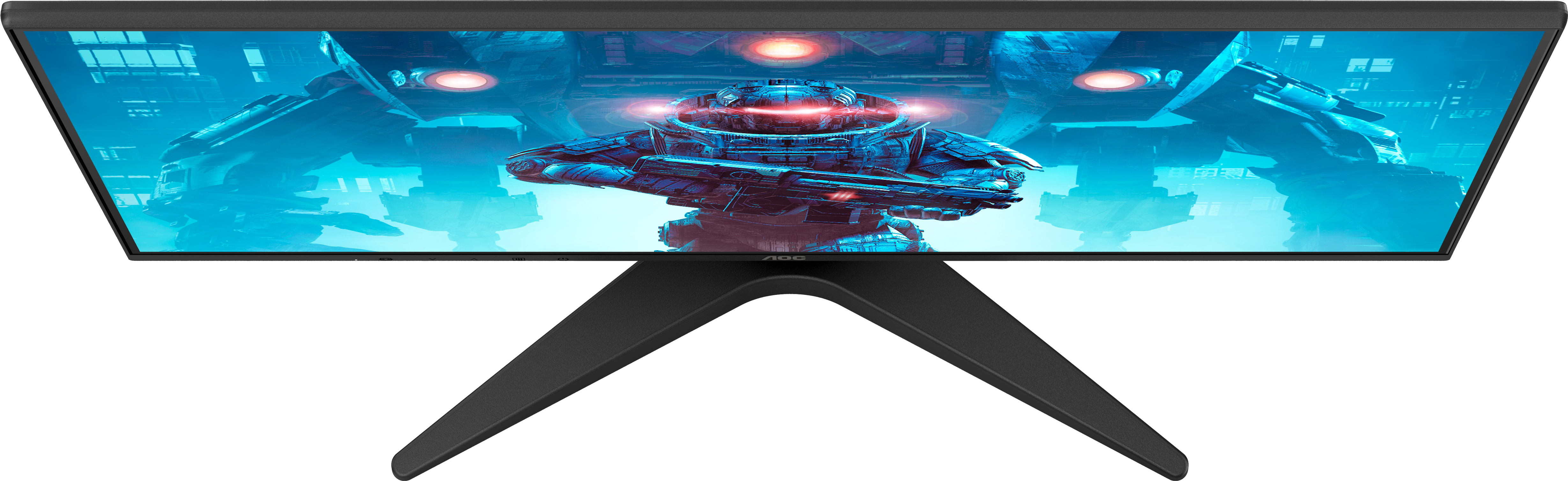 Ein schwarzer Monitor auf einem V-förmigen Ständer zeigt eine futuristische Sci-Fi-Szene mit einem Roboter in Blau und Rot.