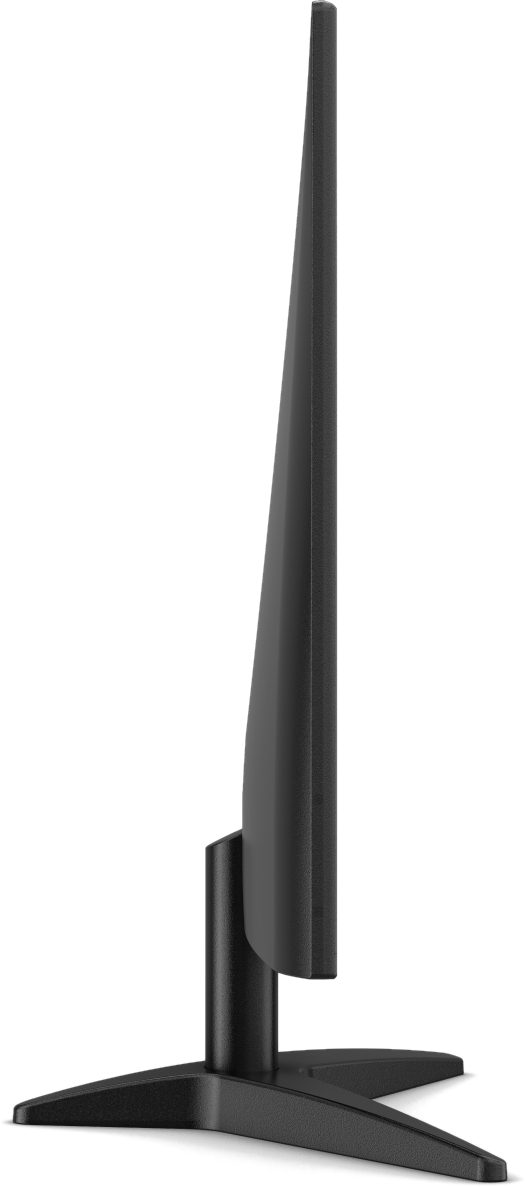 Seitenansicht eines flachen schwarzen Monitors auf einem dreibeinigen Ständer vor schwarzem Hintergrund.