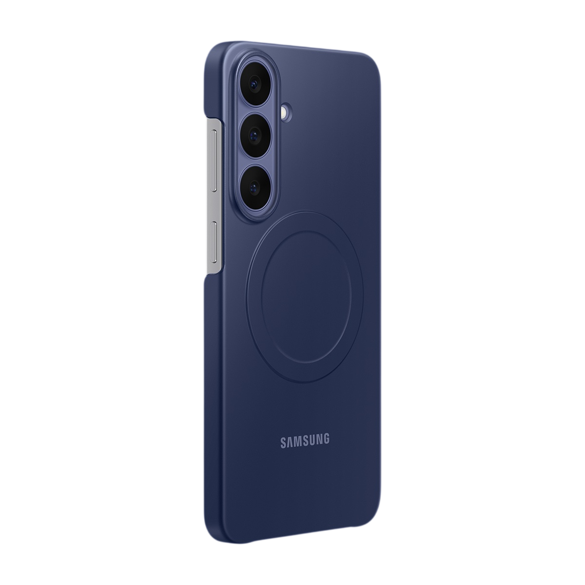 Arkada üç dikey kamera ve dairesel bir MagSafe benzeri halka bulunan mavi bir Samsung akıllı telefon kılıfı.