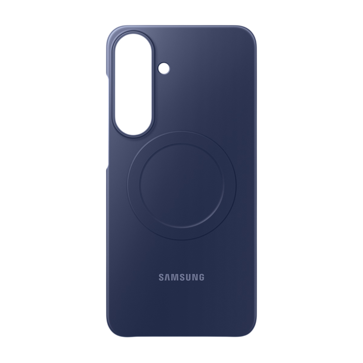 Kamera kesikli ve arka tarafında daire bulunan koyu mavi Samsung telefon kılıfı.