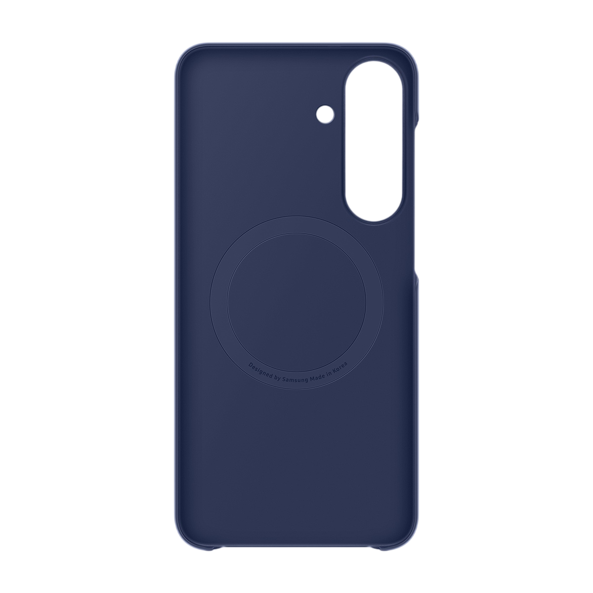 Arkasında dairesel desen ve dikey kamera kesimi bulunan koyu mavi silikon telefon kılıfı.