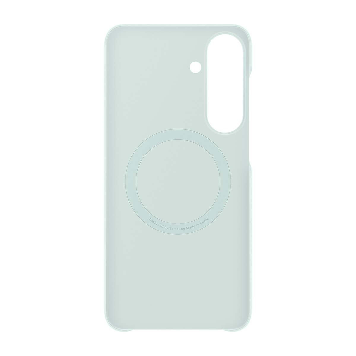 Kamera kesikli, daireli ve Designed by Samsung yazılı açık mavi telefon kılıfı.