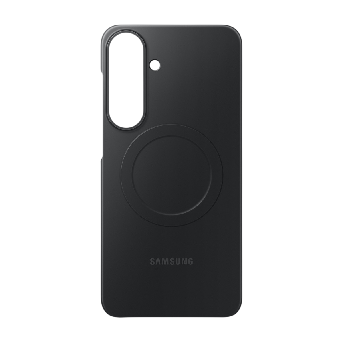 Arkada dairesel mıknatıs ve dikey kamera kesimi bulunan siyah Samsung telefon kılıfı.