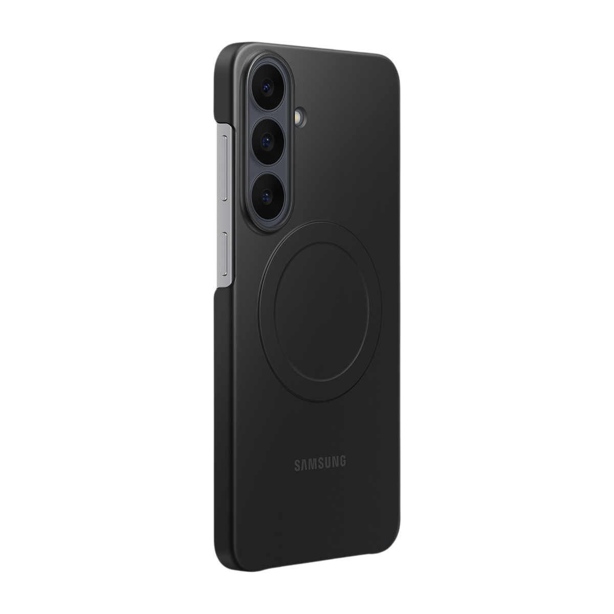 Üç kamera delikli ve daire detaylı siyah Samsung telefon kılıfı.