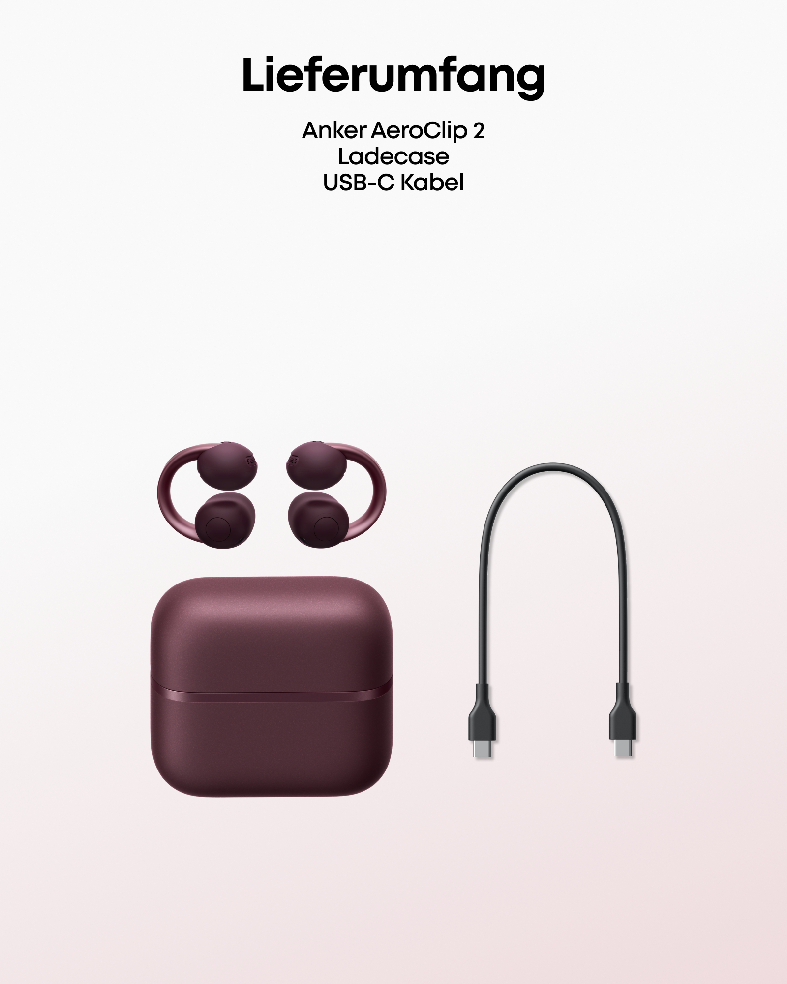 Anker AeroClip 2 kabellose Ohrhörer, Ladecase und USB-C-Kabel auf hellem Hintergrund mit Text oben.