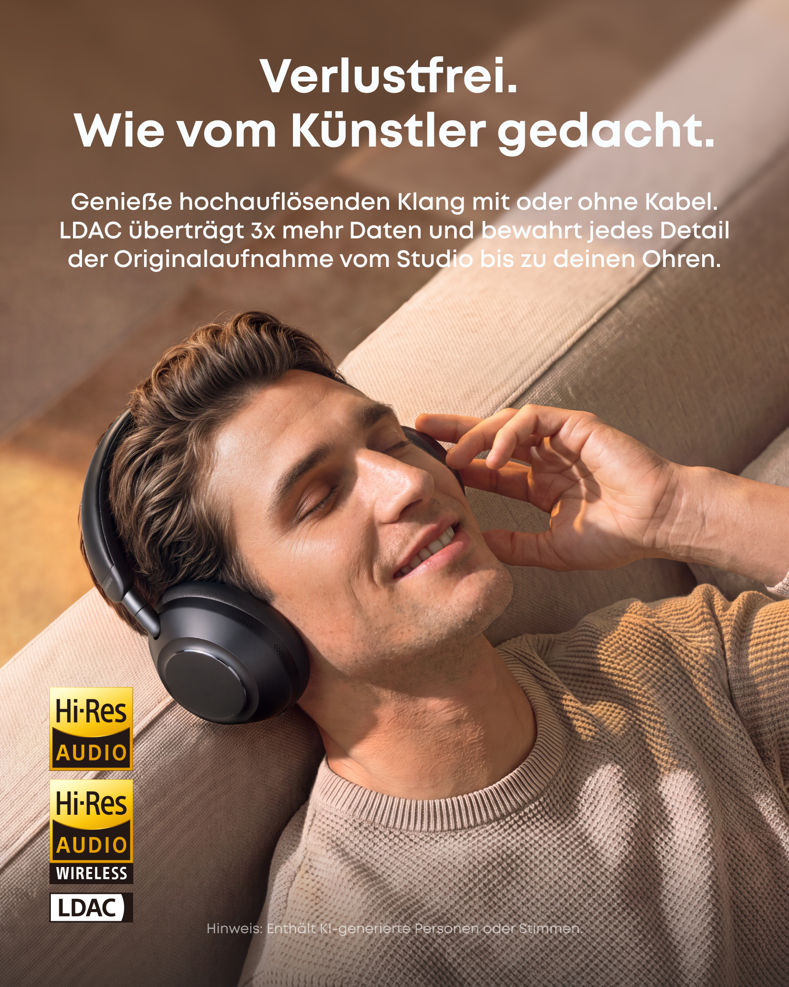 Ein Mann sitzt entspannt auf einem Sofa und genießt Musik mit großen schwarzen Over-Ear-Kopfhörern.