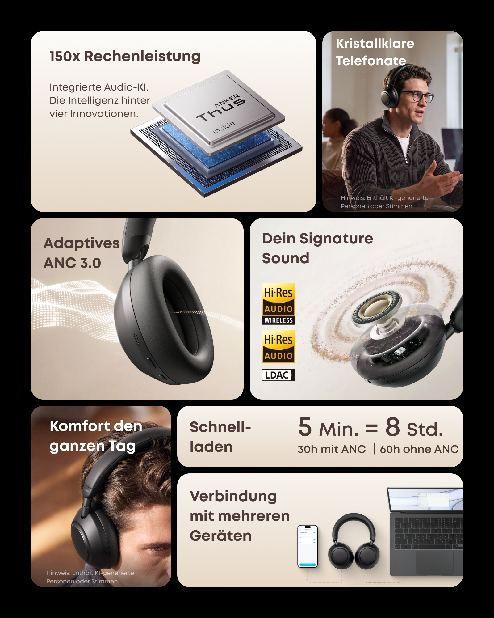 Anker Kopfhörer Werbung mit Chip-Leistung, ANC, Klangqualität, Akkulaufzeit und Multi-Geräte-Verbindung.