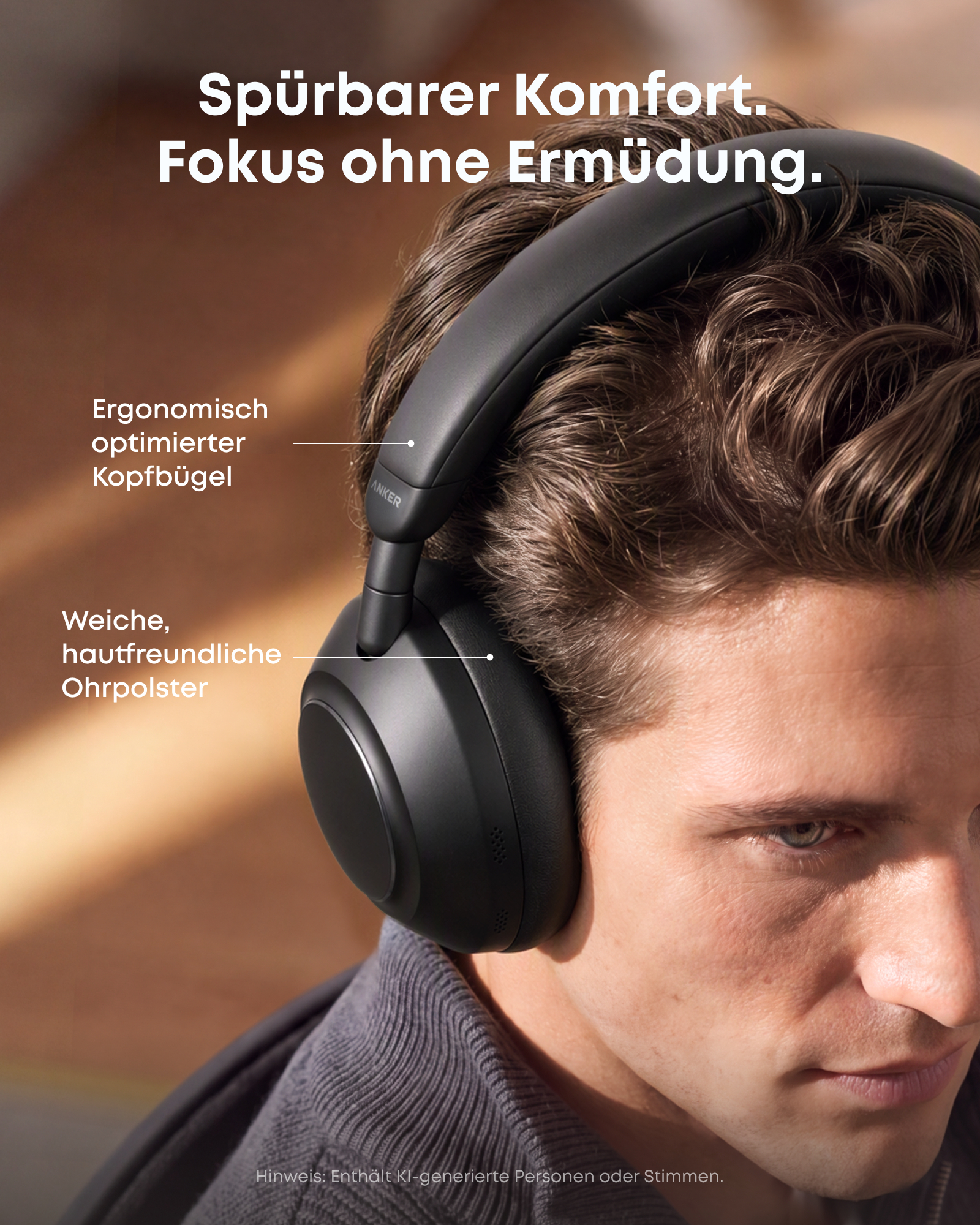 Ein Mann trägt schwarze Over-Ear-Kopfhörer mit ergonomischem Design und weichen Ohrpolstern.