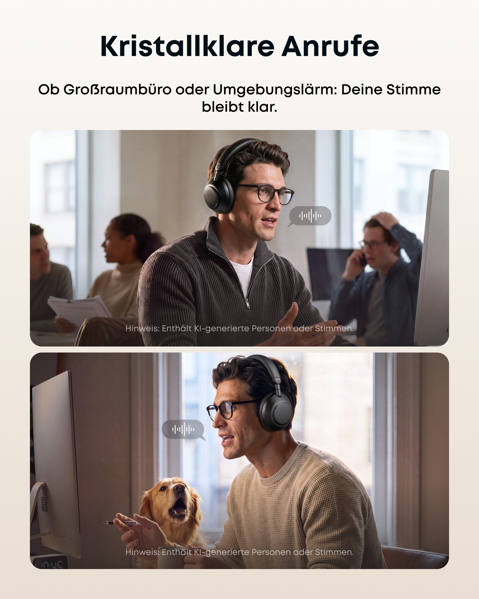 Ein Mann mit Kopfhörern arbeitet in einem Büro, umgeben von Kollegen und einem bellenden Hund.