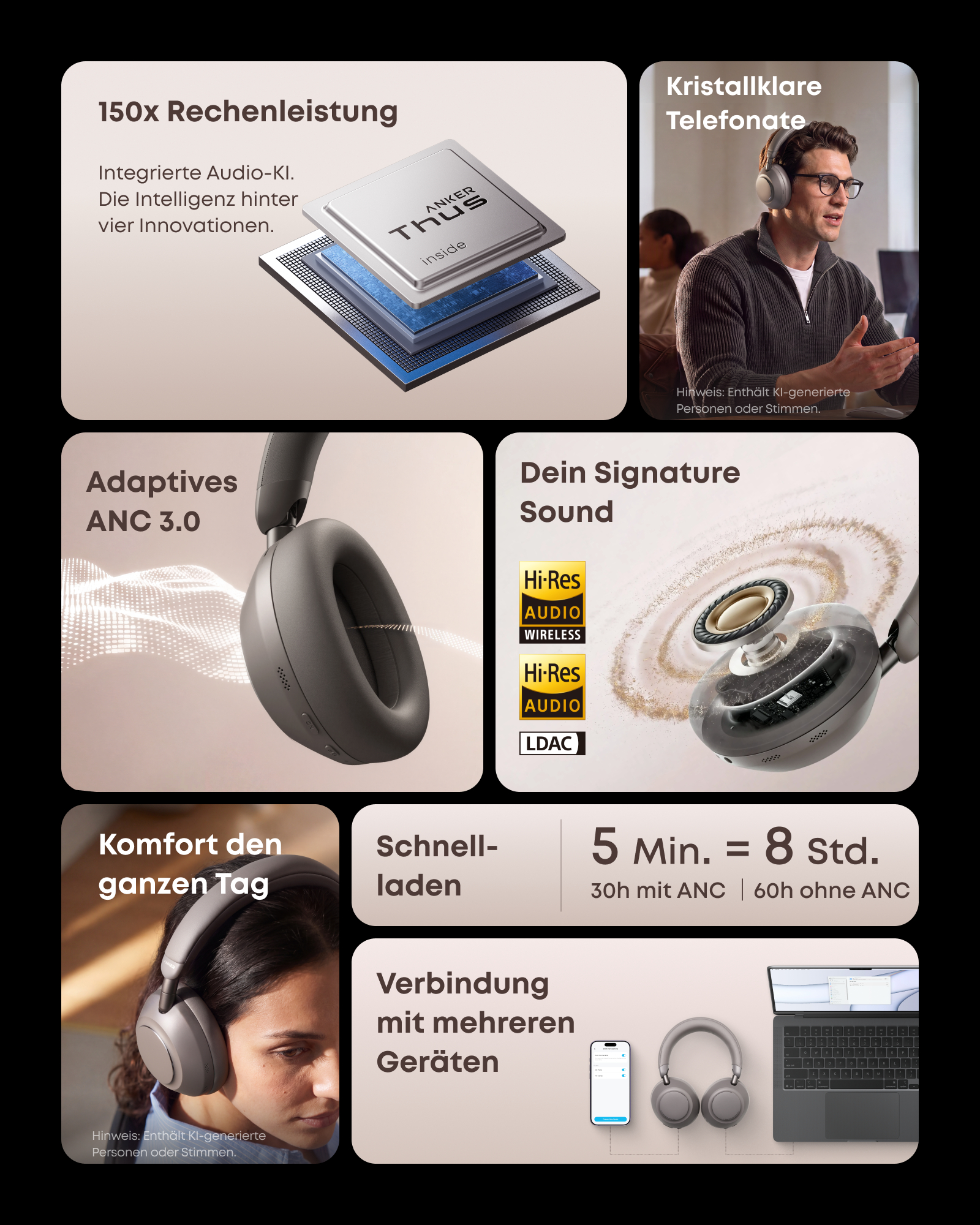 Anker Kopfhörer Features wie KI-Chip, ANC, High-Res Audio, Fast Charging und Multi-Device-Verbindung.