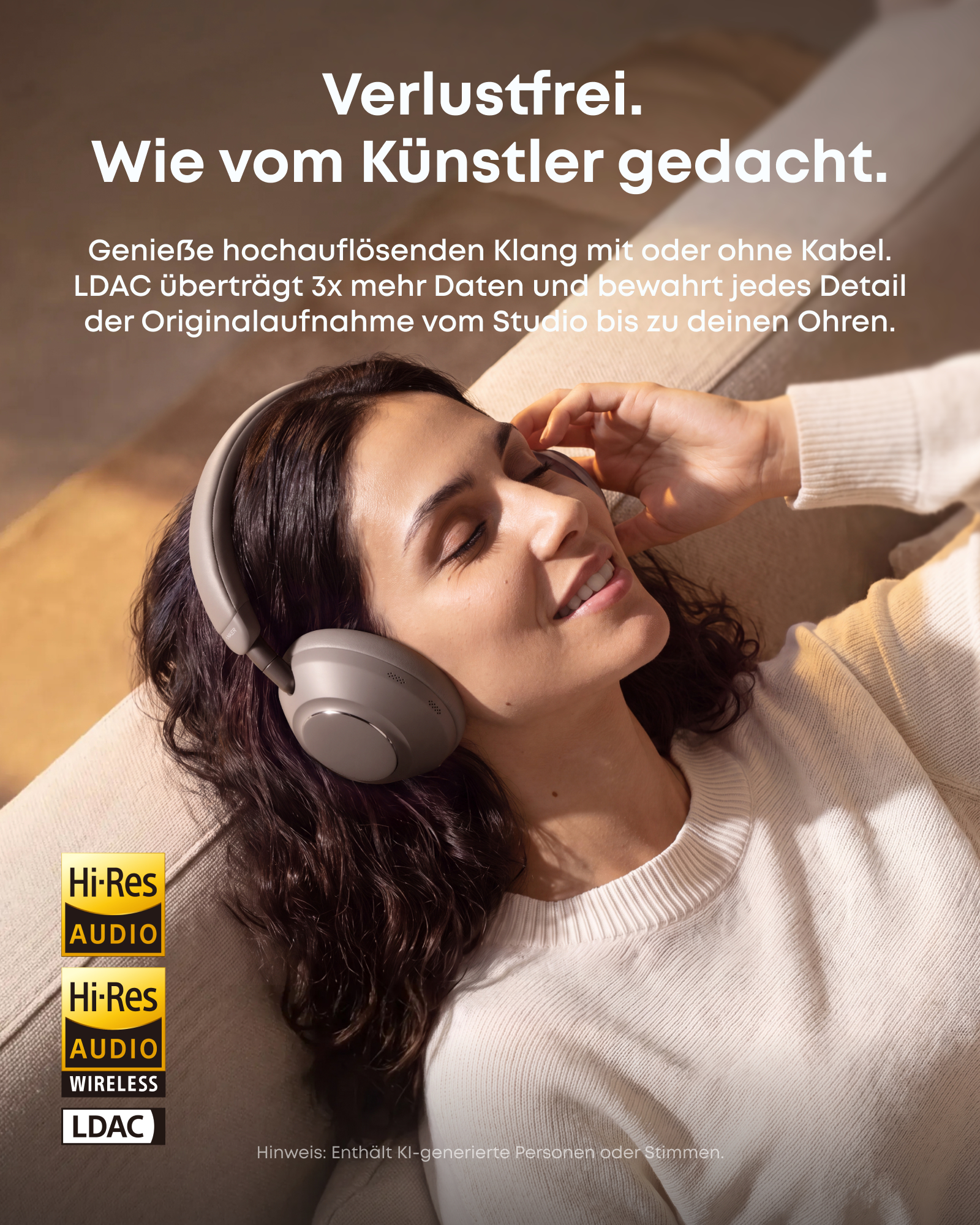 Eine Frau entspannt auf einem Sofa und genießt Musik mit großen kabellosen Kopfhörern.