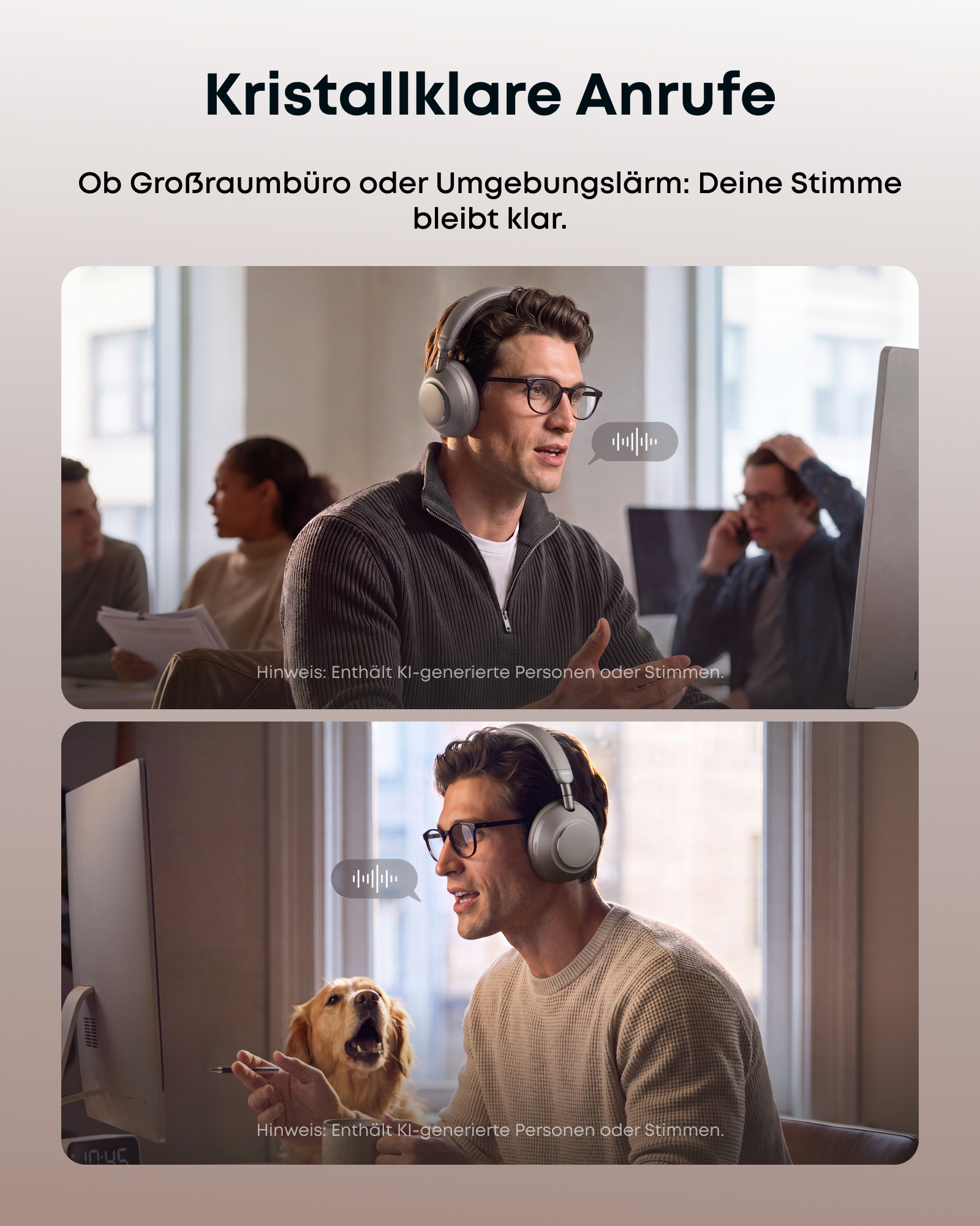 Ein Mann mit Kopfhörern arbeitet im Büro, während ein anderer in einer ruhigen Umgebung spricht.