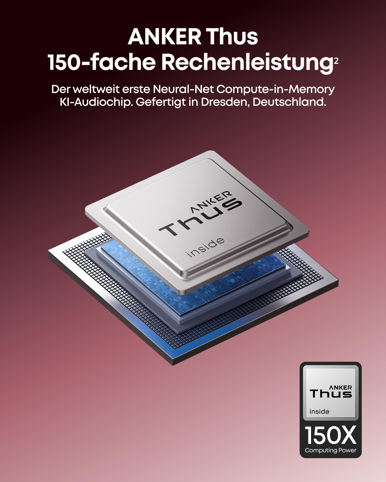 Ein Anker Thus Mikrochip auf einem roten Hintergrund mit deutschem Werbetext.