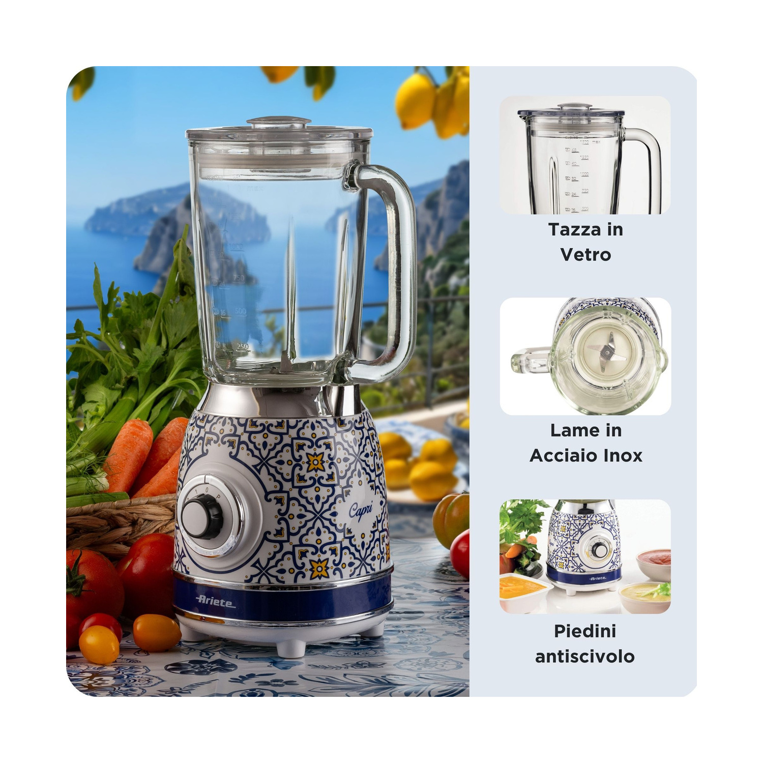 FRULLATORE ARIETE FRULLATORE CAPRI, Potenza 1000 W, Caraffa da 1.5 l, 4 velocità, Glass, Stainless steel, MULTICOLORE