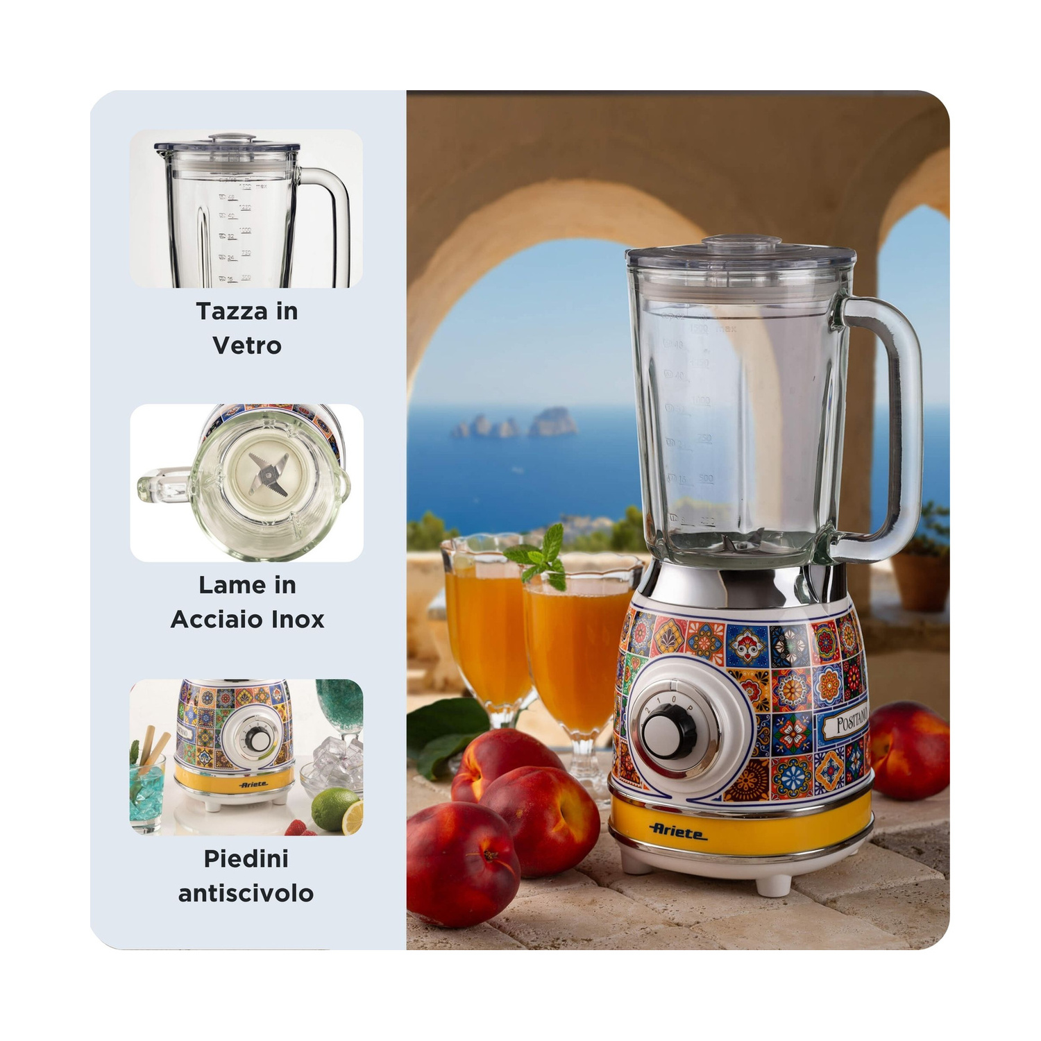 Frullatore Ariete colorato con caraffa in vetro, frutta fresca e bicchieri di succo davanti a una costa.