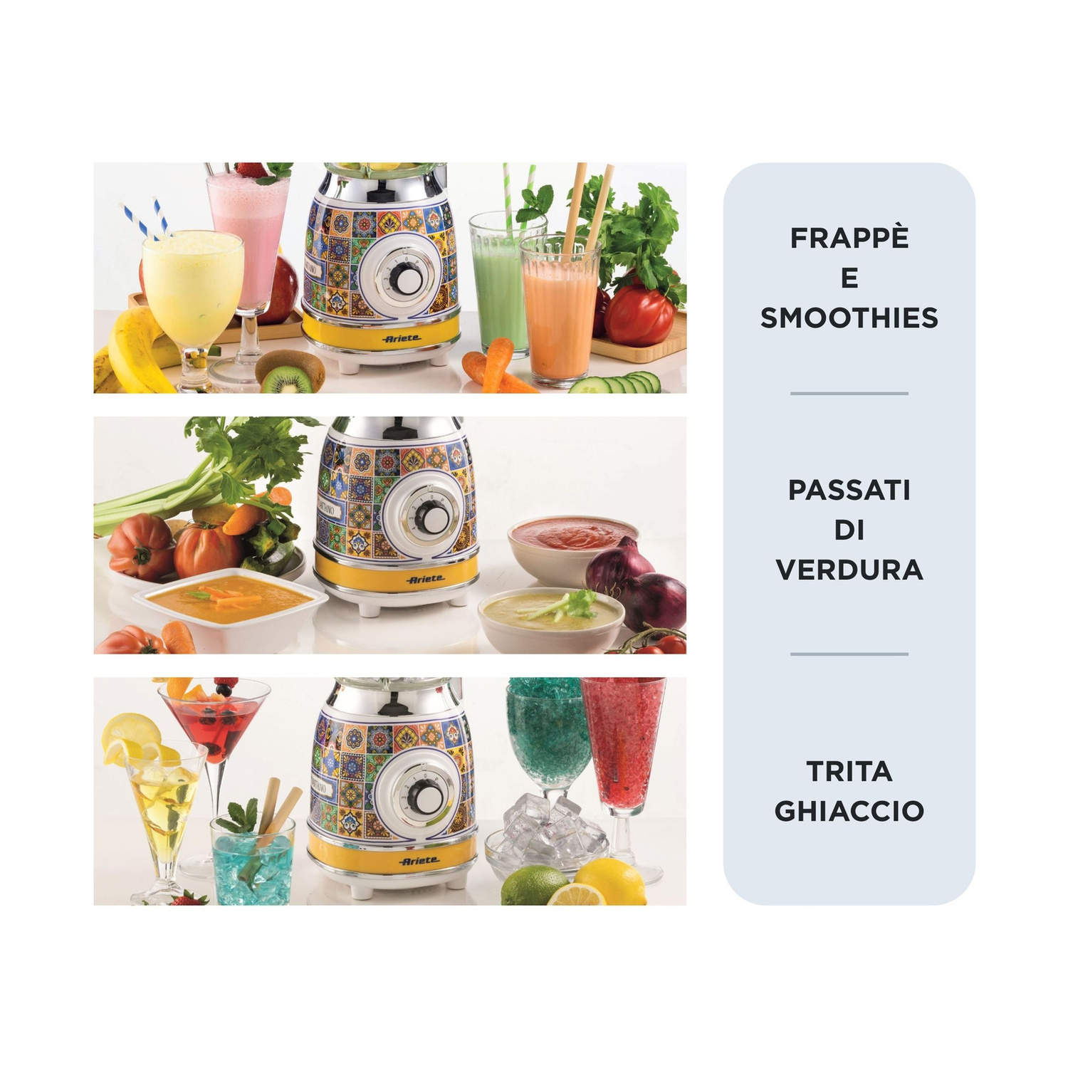 Frullatore Ariete con dettagli in maiolica colorata, circondato da frutta fresca, passati di verdura e bevande.