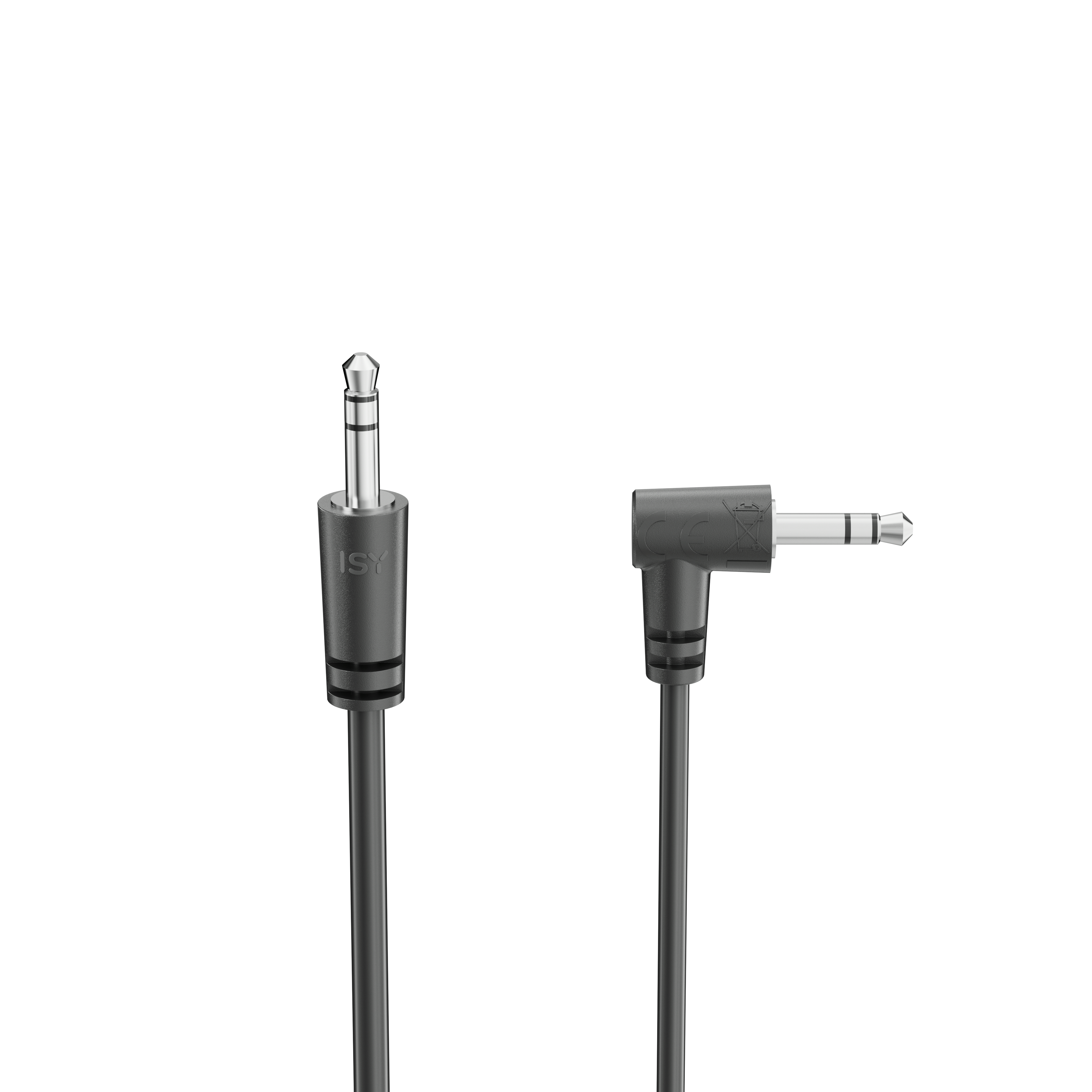 Zwei schwarze Audiokabel mit 3,5 mm Klinkensteckern, einer davon abgewinkelt, vor weißem Hintergrund.