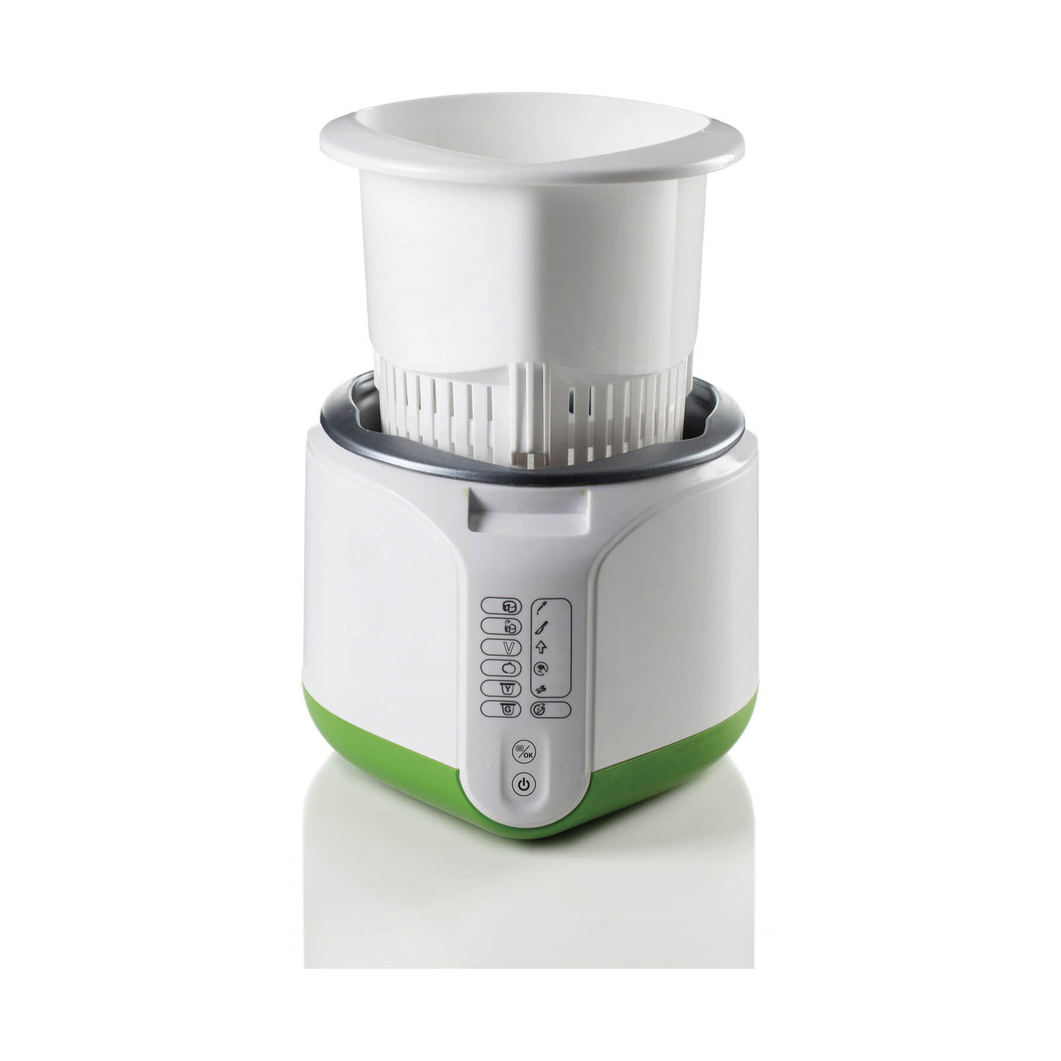 Un elettrodomestico da cucina bianco e verde con contenitore rimovibile su sfondo bianco.
