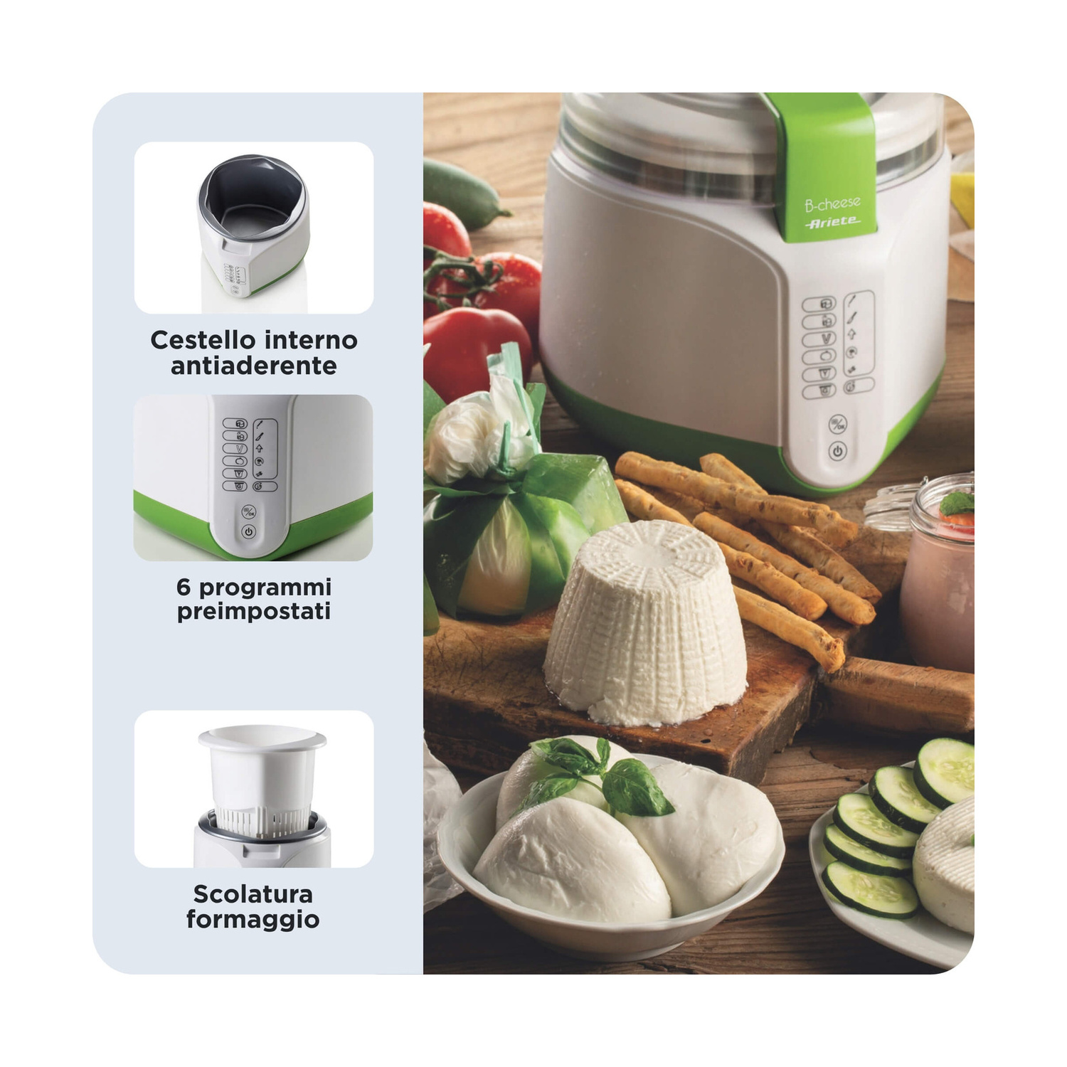 Macchina Ariete B-cheese con formaggio, grissini e verdure su superficie in legno.