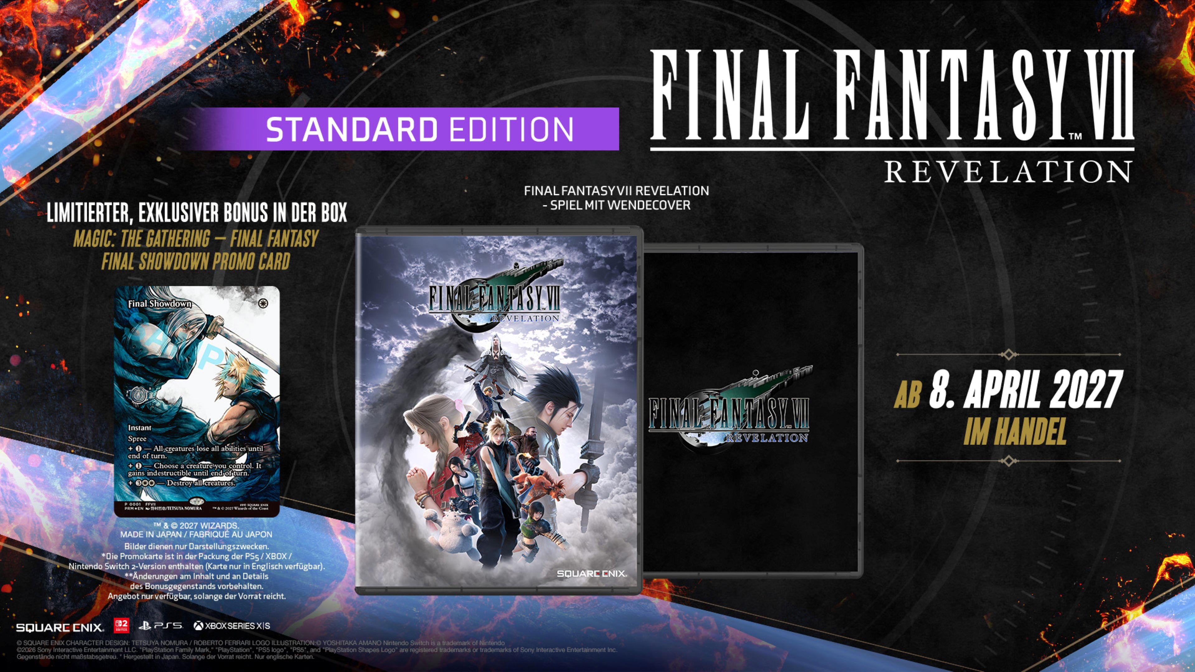 Werbebild für Final Fantasy VII Revelation, Standard Edition, mit Spielcover, Promo-Karte und Veröffentlichungsdatum.