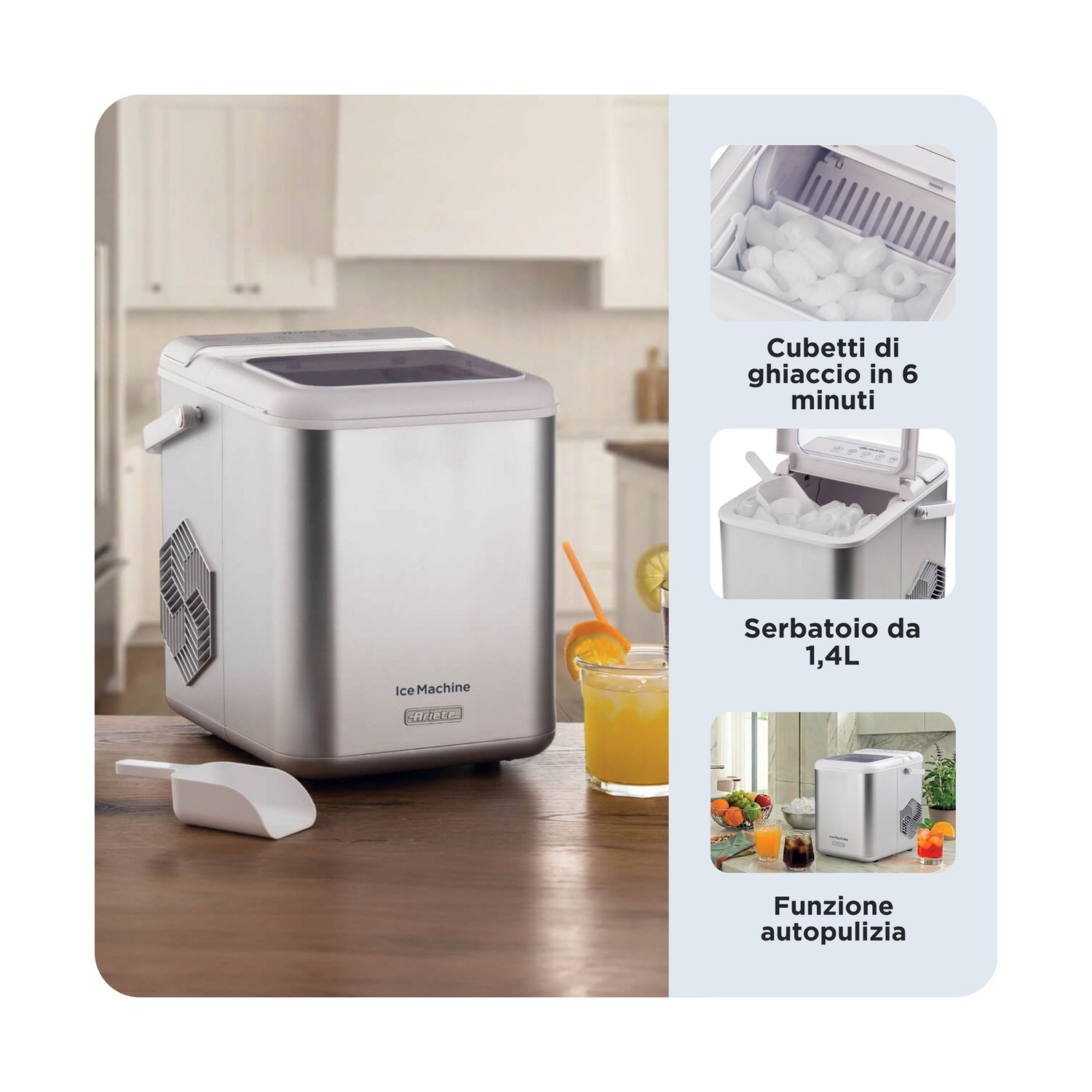 MACCHINA PER IL GHIACCIO  ARIETE ICE MAKER, Potenza massima 170 W, Recipiente da 1,4 l, 1 velocità, Coperchio trasparente, SILVER