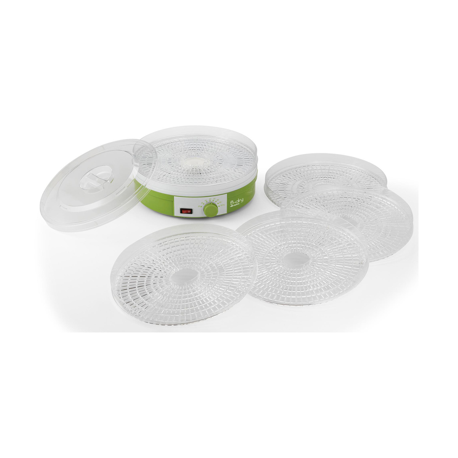 Un essiccatore alimentare verde e bianco con vassoi circolari trasparenti impilati e separati.