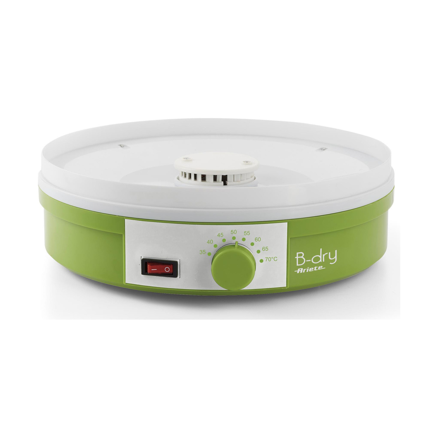 Essiccatore per alimenti Ariete B-Dry verde e bianco con manopola della temperatura e interruttore.