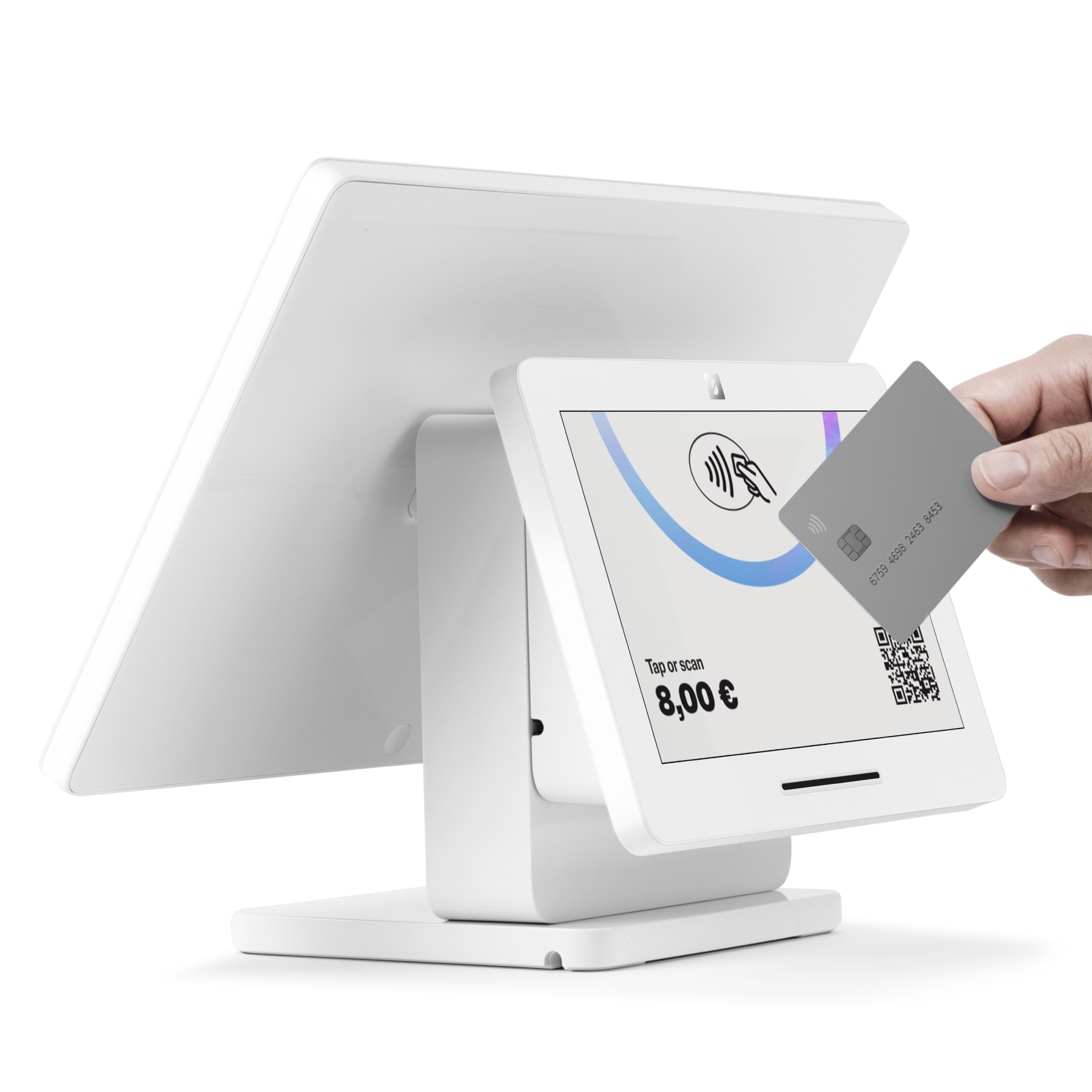 Eine Hand hält eine graue Karte an ein weißes Kassenterminal mit einem Betrag von 8,00 Euro.