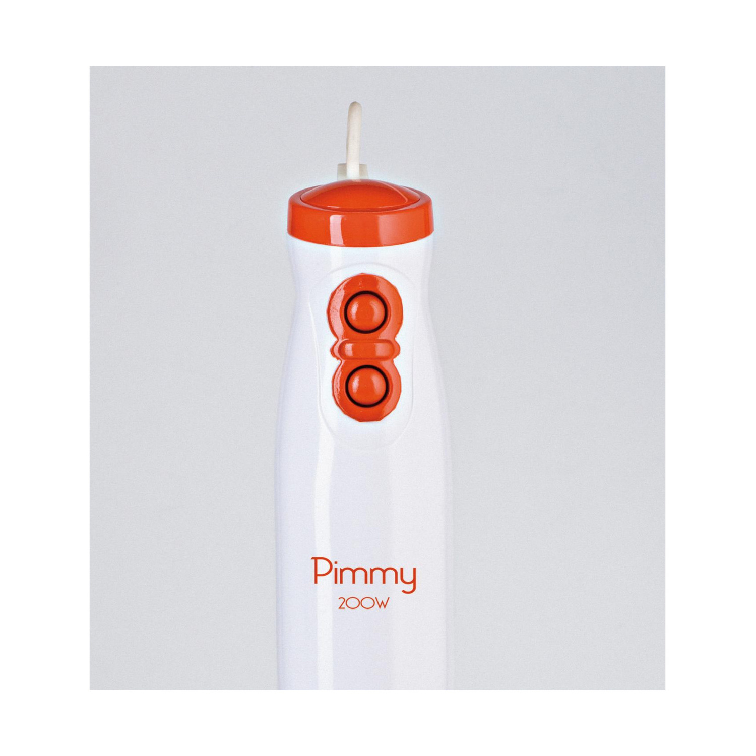 Un minipimer bianco Pimmy 200W con bottoni arancioni su sfondo chiaro.