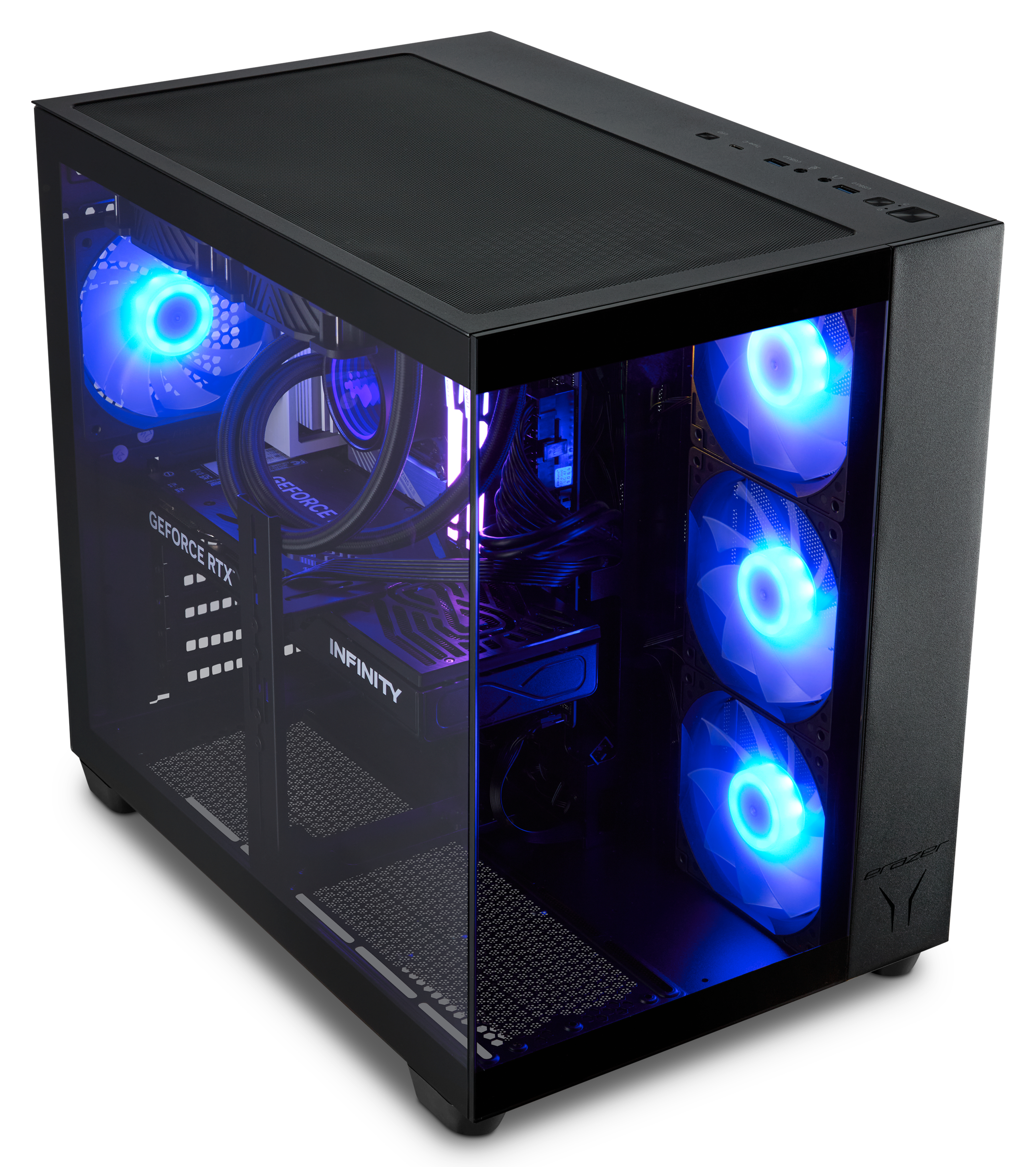 Schwarzes PC-Gehäuse mit Glasfront, leuchtend blauen Lüftern und GeForce RTX-Grafikkarte.