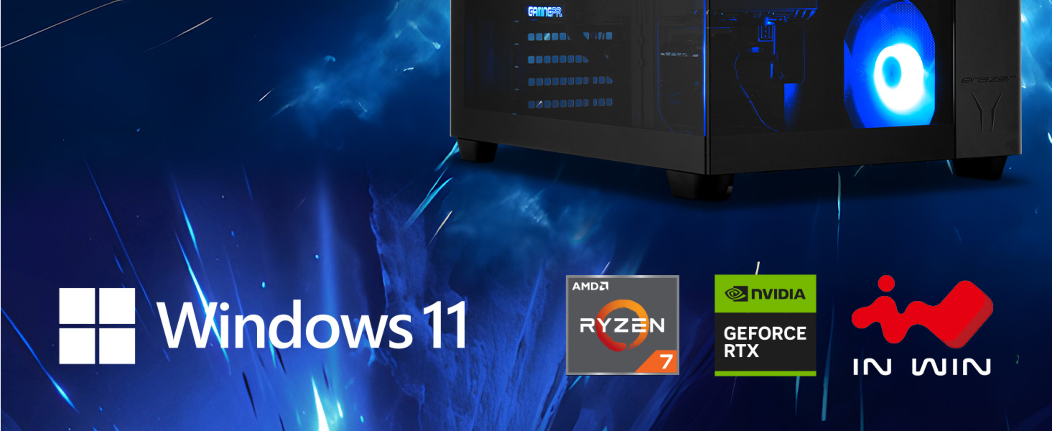 Gaming-PC mit Ryzen 7 und GeForce RTX auf blauem Hintergrund mit Windows 11.
