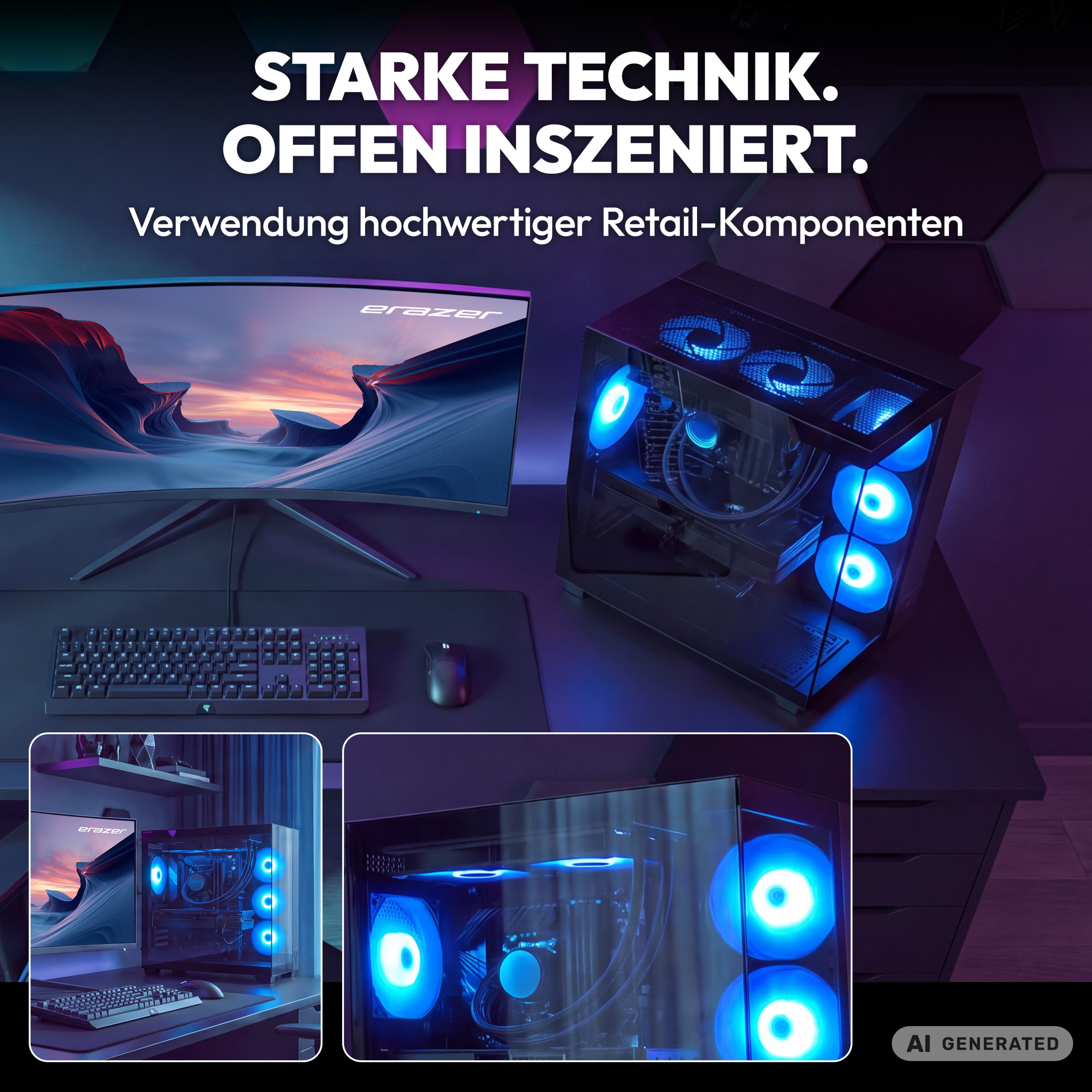 Gaming-PC mit blauer Beleuchtung, gebogenem Monitor, Tastatur und Maus auf einem dunklen Tisch vor hexogonaler Wand.