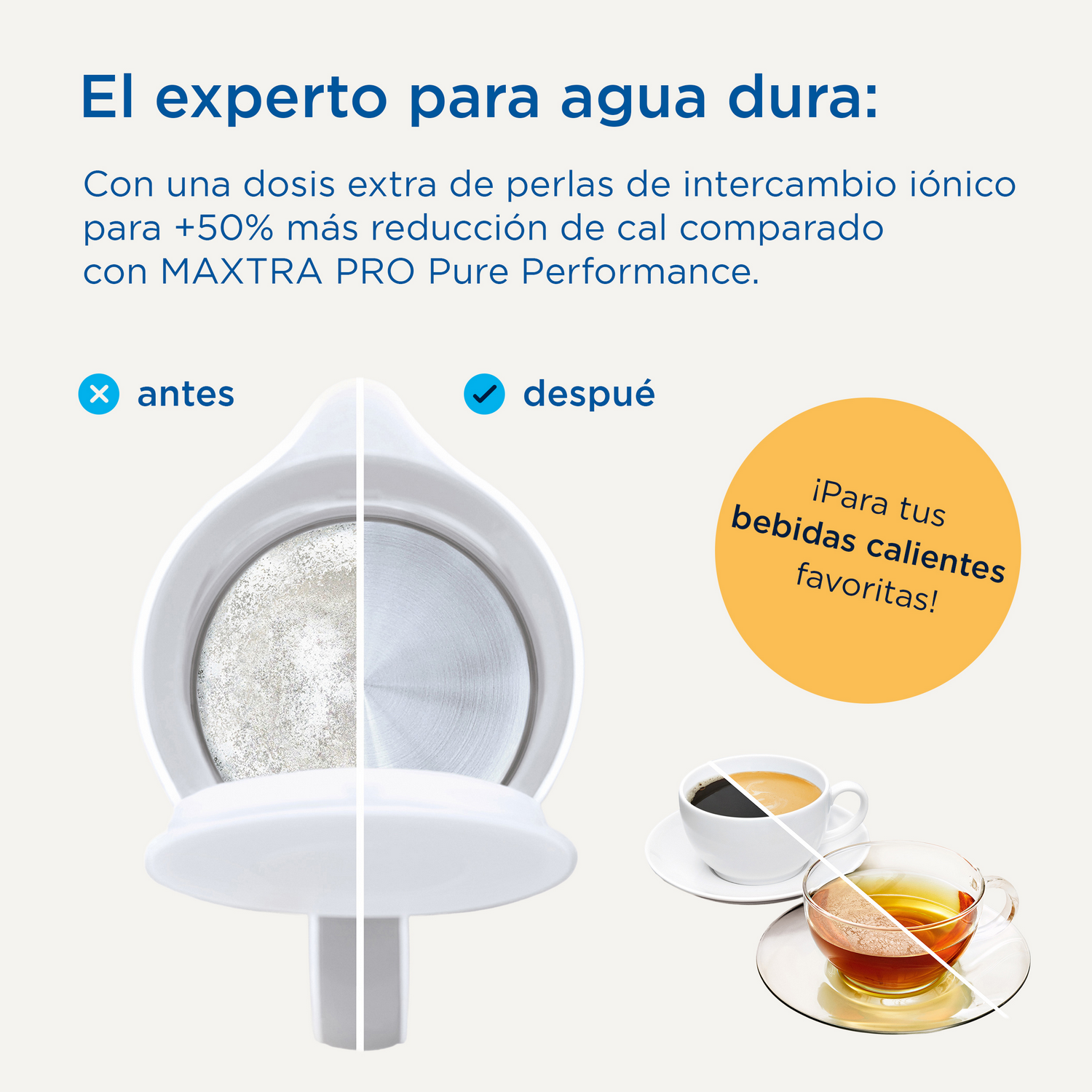 La imagen muestra la reducción de cal en un hervidor y café claro para bebidas calientes.