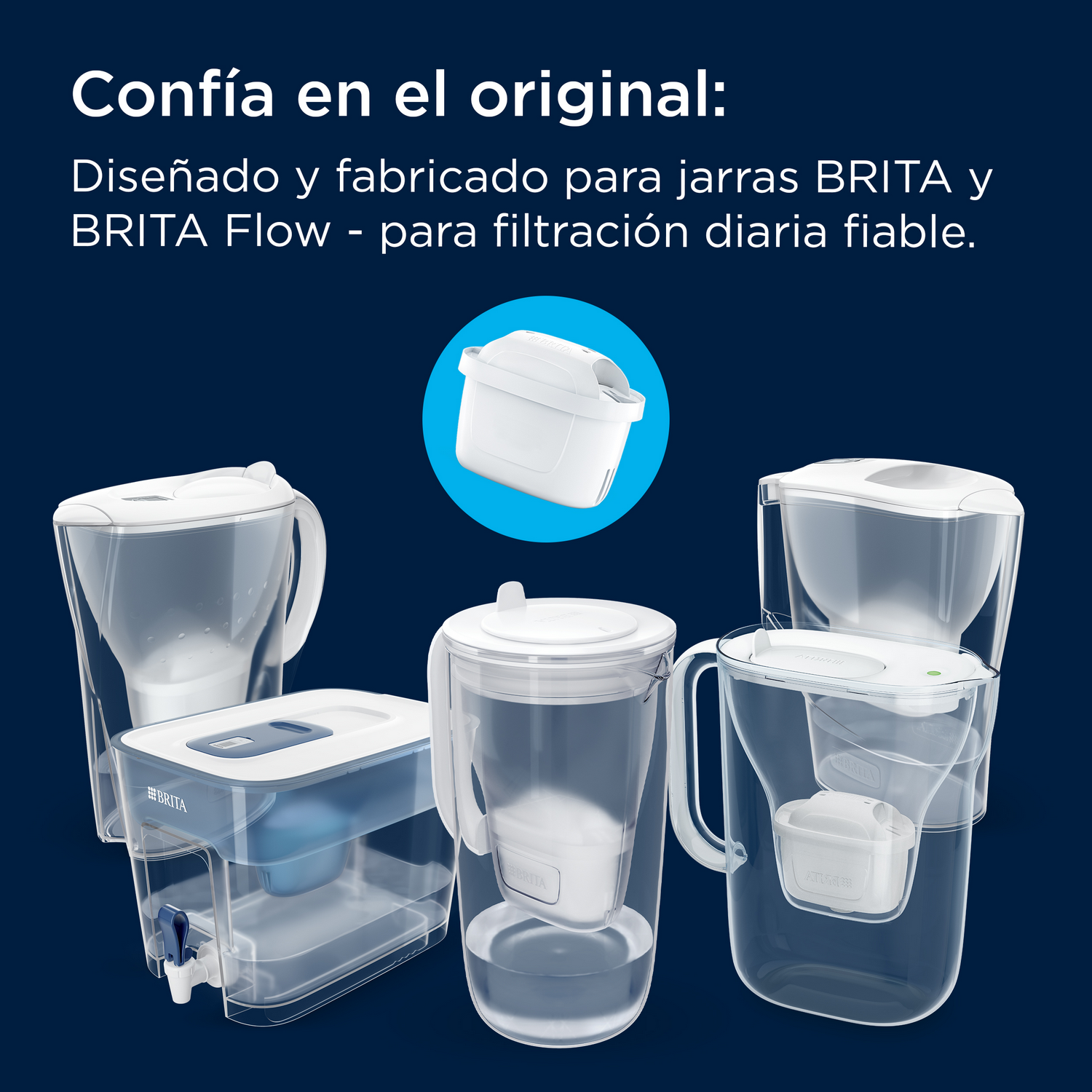 Varias jarra de agua filtrada BRITA y un filtro sobre fondo azul con texto en español.