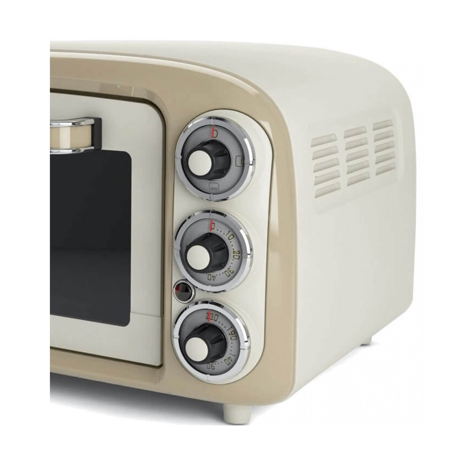 Mini forno retro color crema con manopole cromate e feritoie di ventilazione laterali su sfondo bianco.