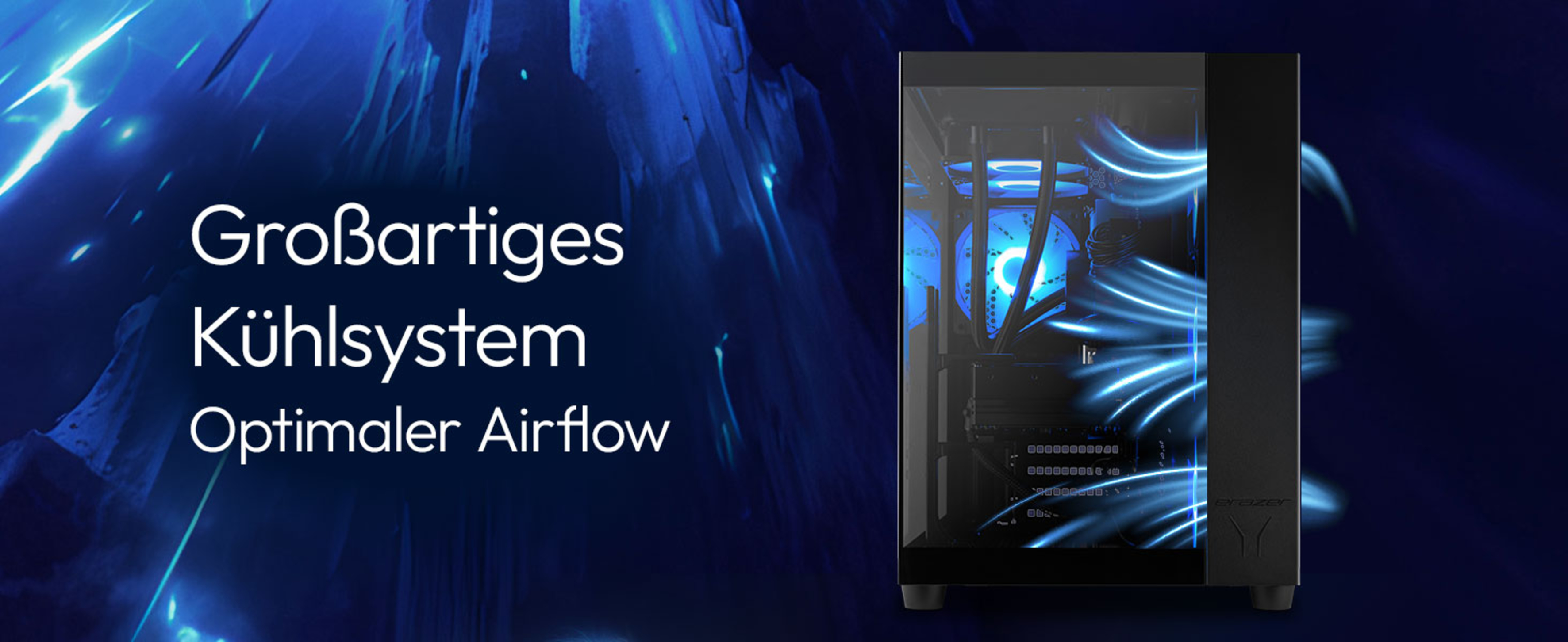 Ein schwarzer PC-Tower mit blau leuchtendem Inneren und Luftstrom-Grafik vor dunkelblauem Hintergrund mit deutschem Text.