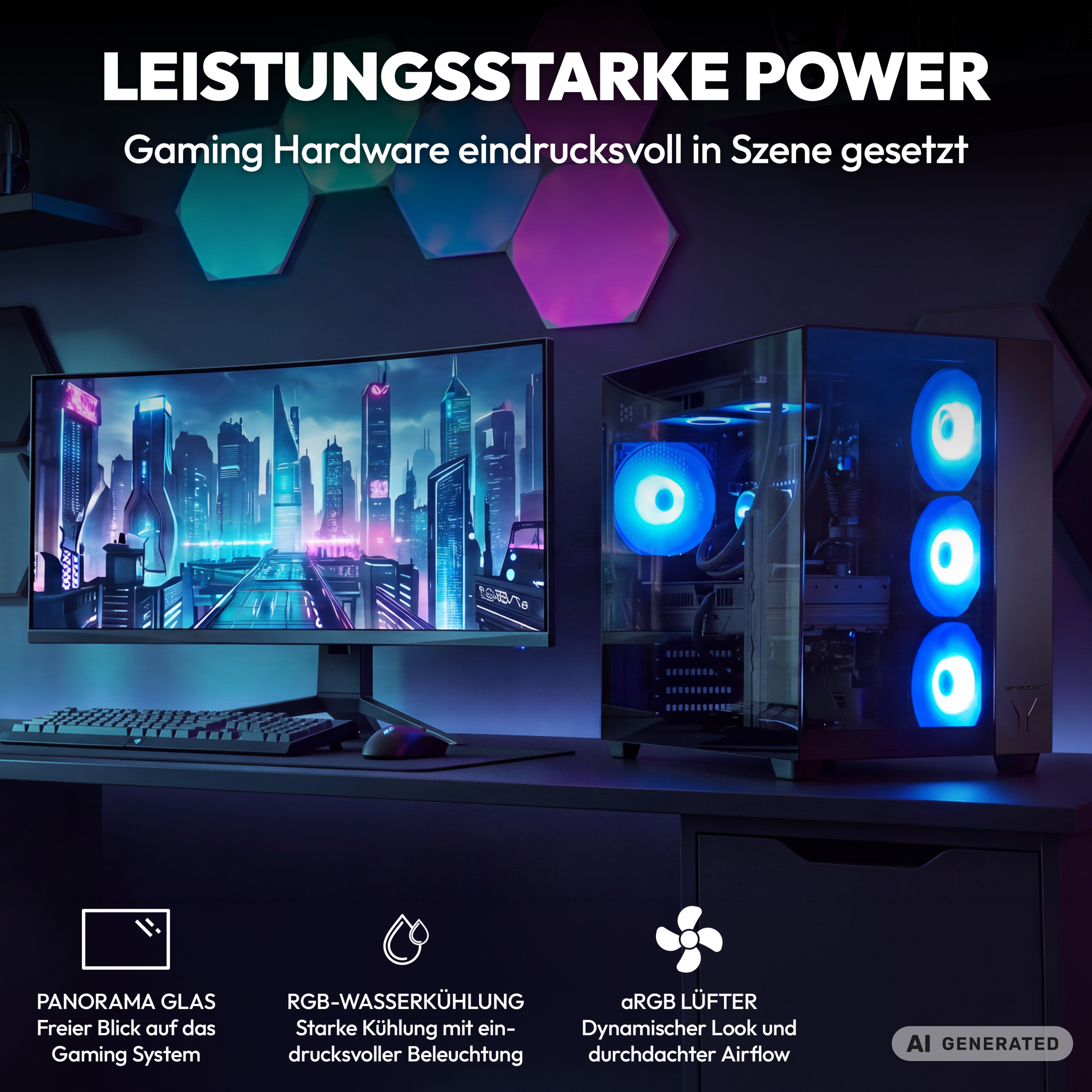 Gaming-PC mit leuchtenden blauen Lüftern, Curved-Monitor mit Cyberpunk-Stadtbild, Tastatur und Wandbeleuchtung.