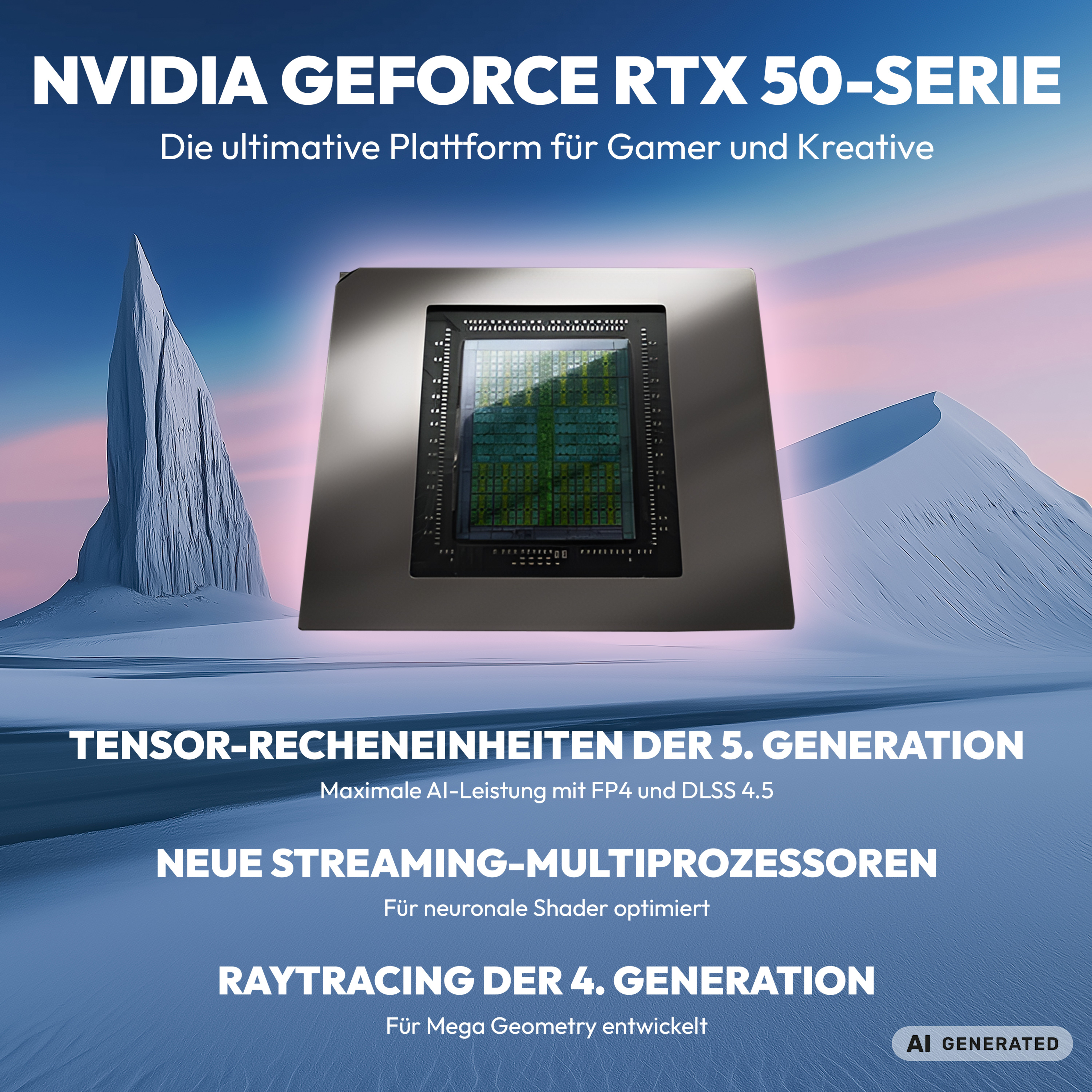 Nvidia Geforce RTX 50-Serie Werbung vor einer verschneiten Berglandschaft mit technischem Text.