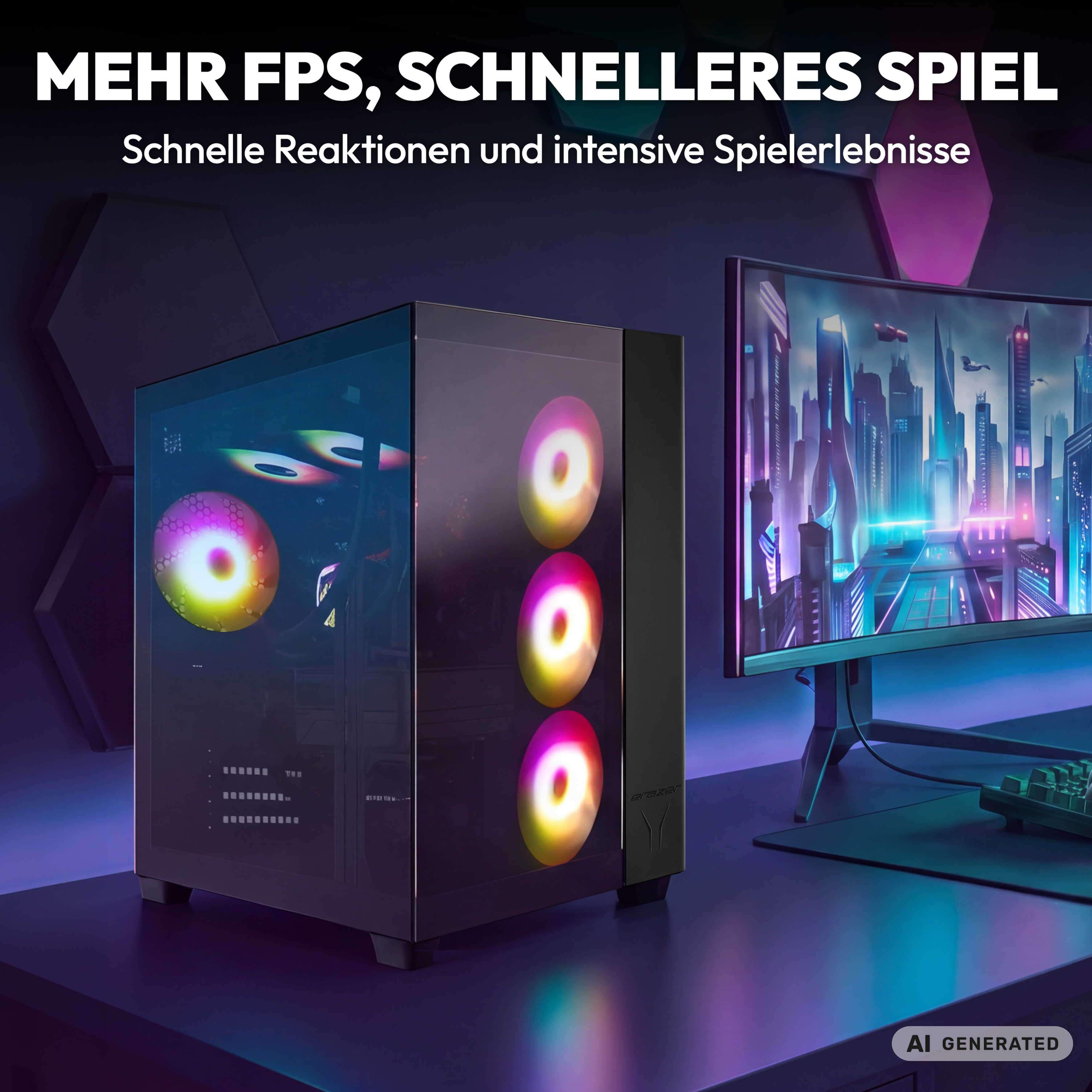 Ein Gaming-PC mit RGB-Lüftern steht neben einem Monitor mit futuristischer Stadtlandschaft.