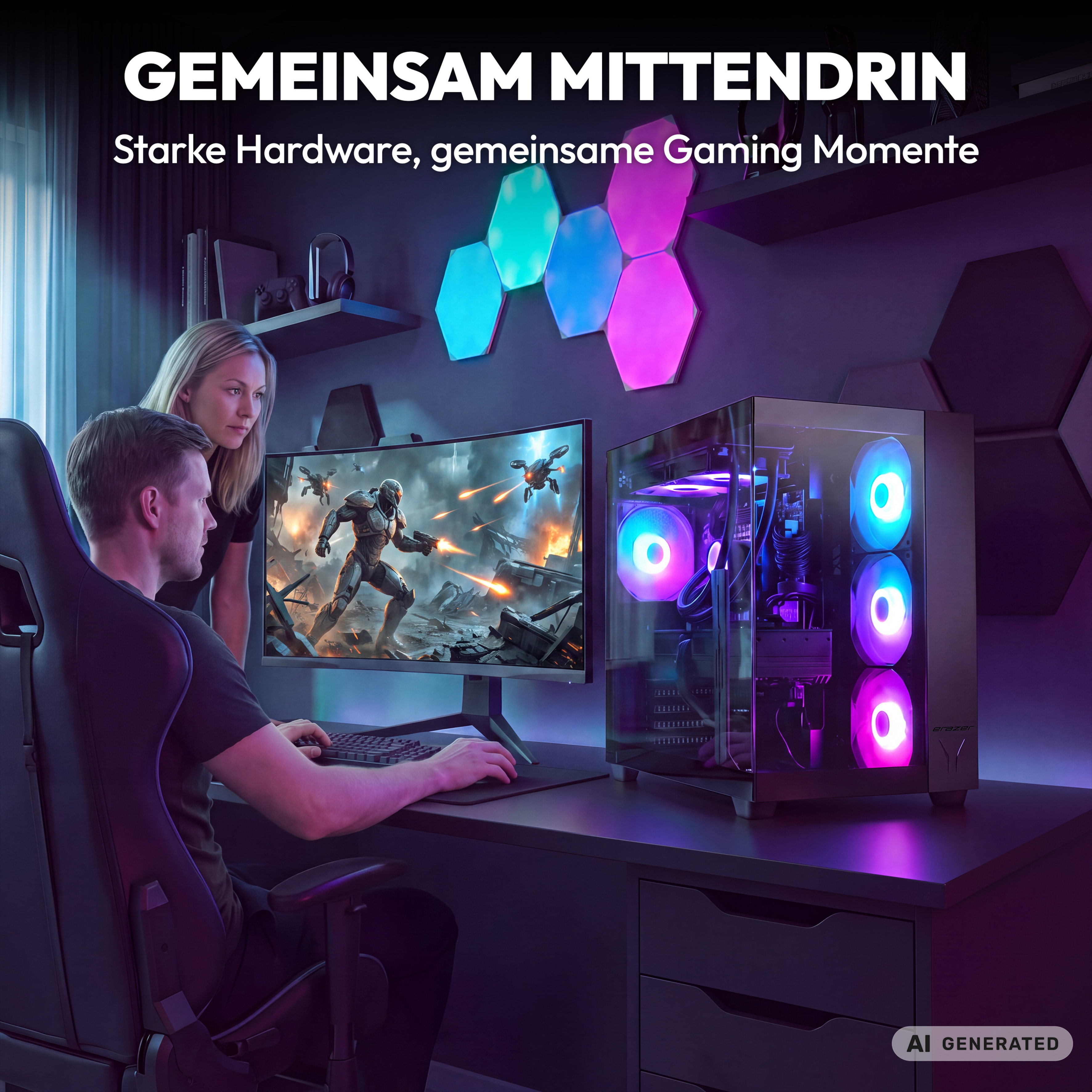 Ein Paar spielt an einem beleuchteten Gaming-PC mit gebogenem Monitor in einem lila Zimmer.